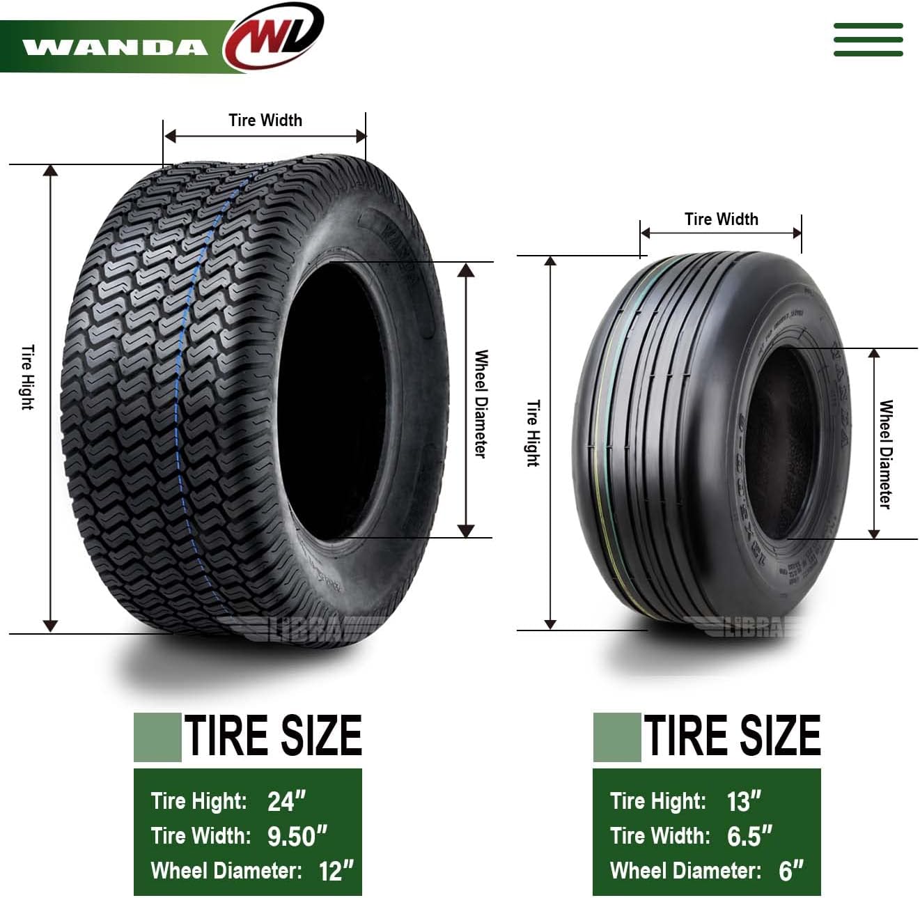 WANDA Set 4 Lawn Mower Turf Tires 16x6.5-8 & 23x10.5-12 /4PR -13019/13049 | Riding Lawn Mover, Garden Tractor