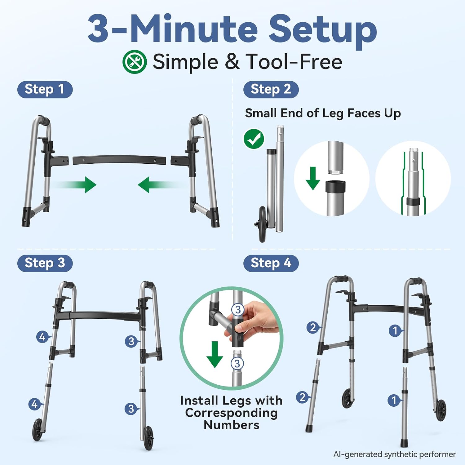 Loyoda Folding Walker with Basket and Glide Skis, 5" Wheels, Lightweight | Standard Walker for Seniors and Adults, Offers 8 Height Adjustments (31"-38"), Supports up to 350 lbs