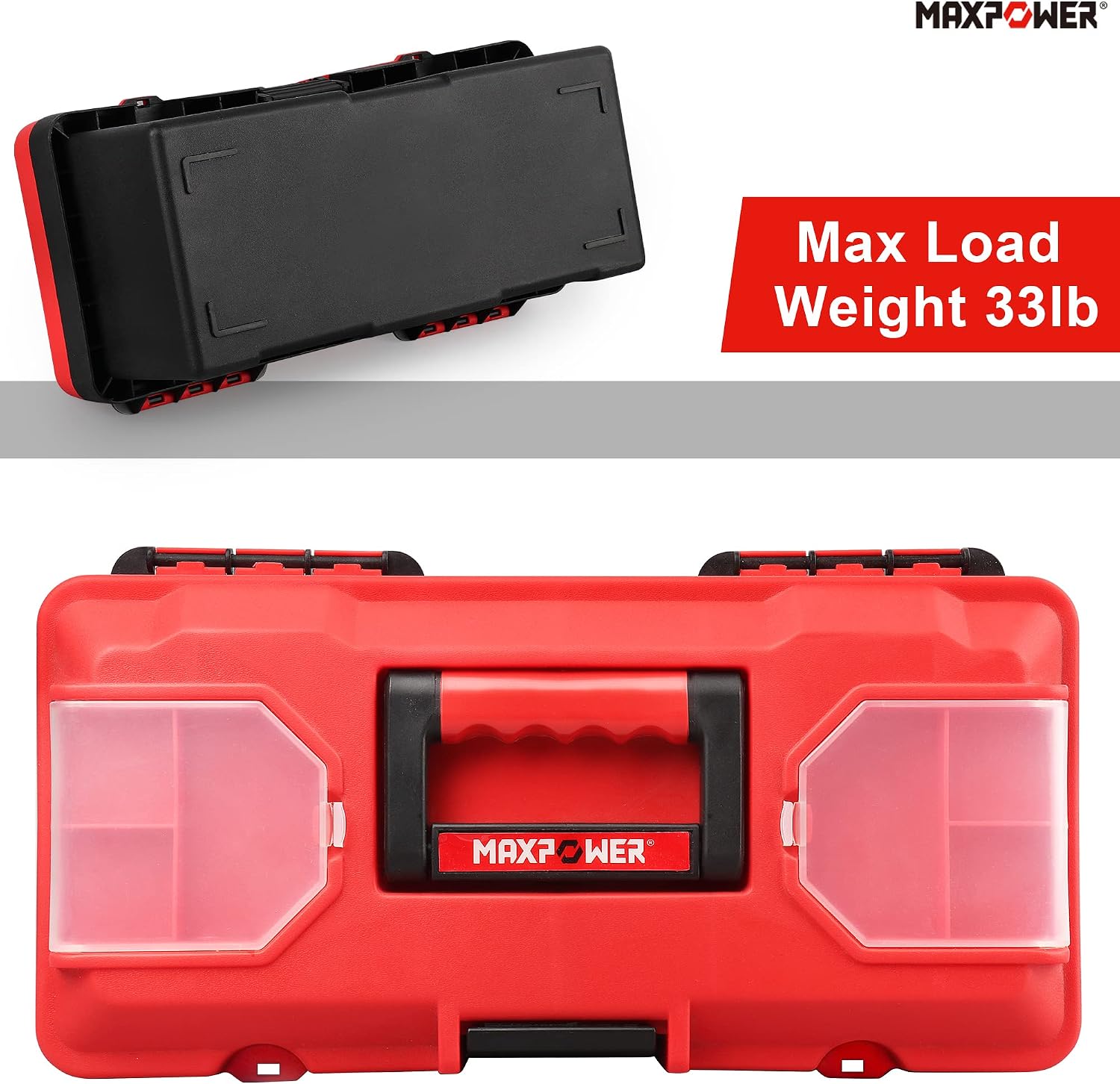 MAXPOWER Small Tool Box, 14-inch Plastic Tool Boxes with Handle | Removable Tray with Dual Lock Secured, Red Toolbox for Home