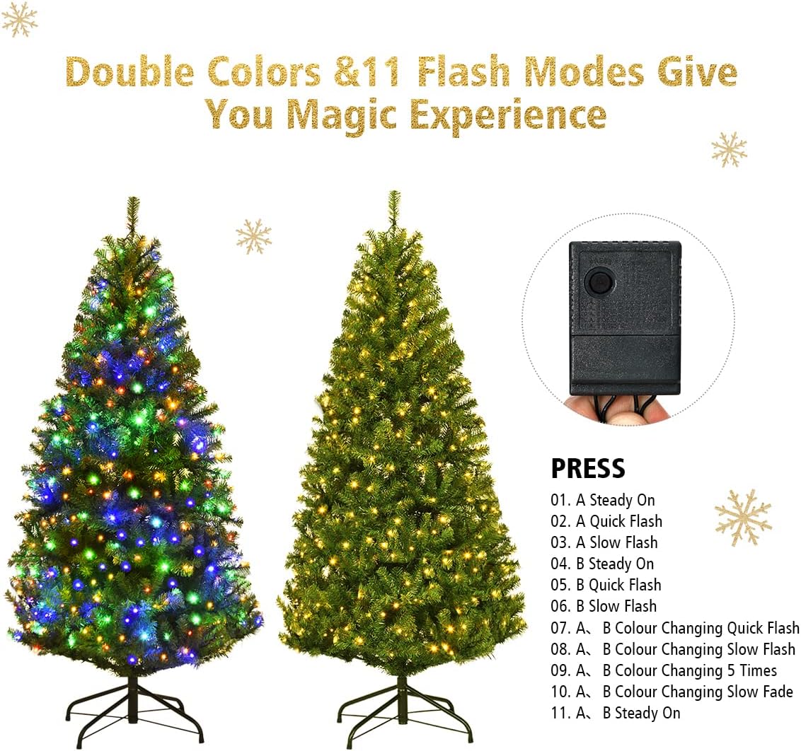 Goplus 7.5ft Pre-Lit Artificial Christmas Tree, Premium PVC Snow Flocked Hinged Pine Tree with Metal Stand and LED Lights