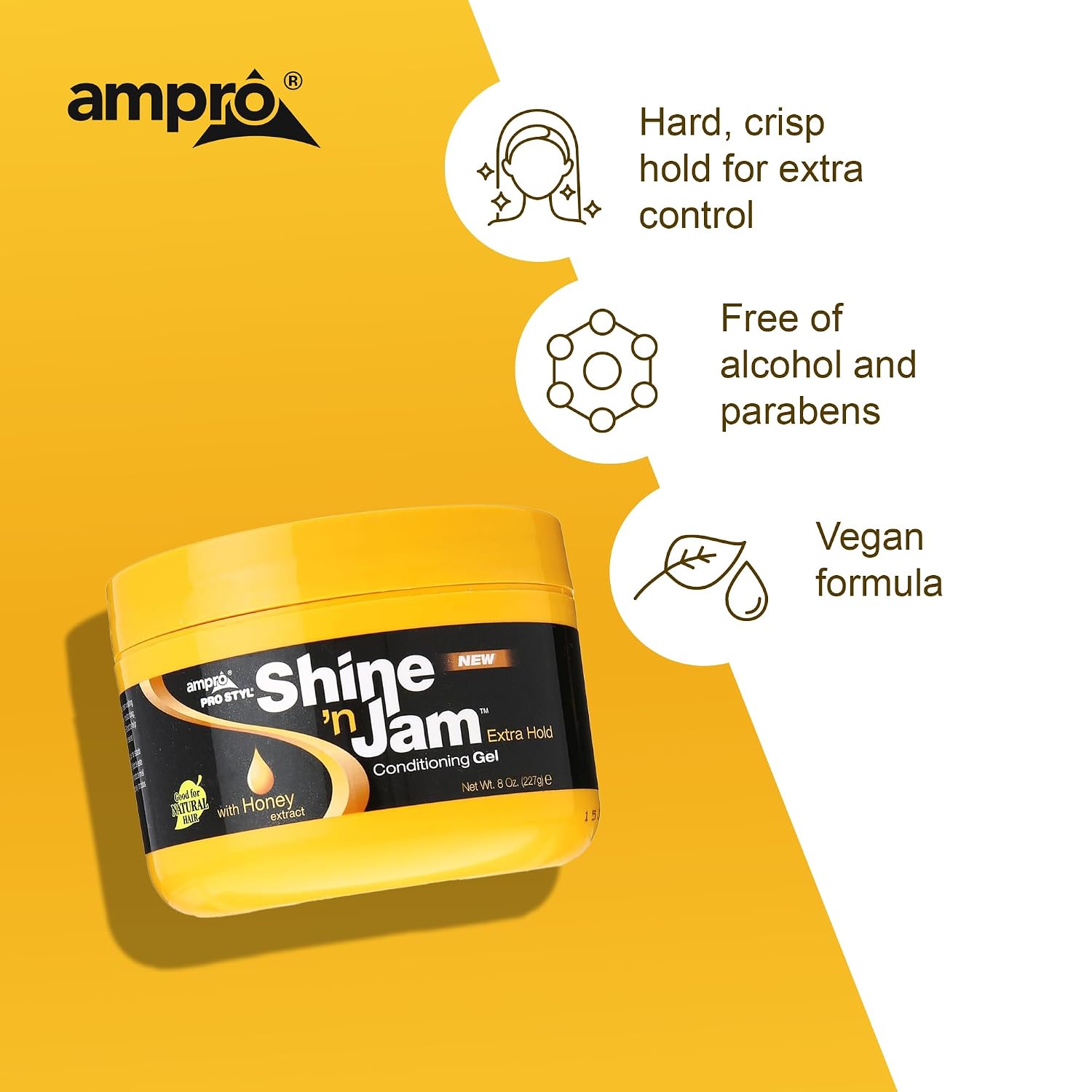 AmPro Shine-n-Jam Maximum Hold - Infused with Honey Extract to Strengthen Hair - Great for Taming Fringe, Ponytails, Soft Weaves, and Braids - Keeps Tresses Firm with Non-Greasy Shine - 8 oz