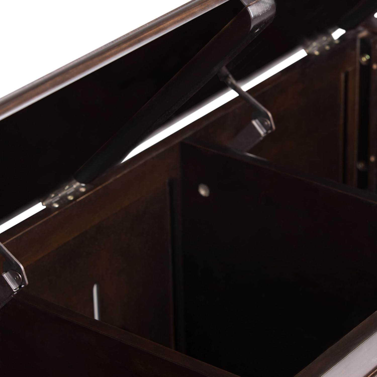 SIMPLIHOME Harvey 47" Wide Solid Mango Wood Bench in Natural | Traditional entryway bench in dark chestnut brown with a lift-up lid and 3 hidden compartments; shoe or hallway bench.