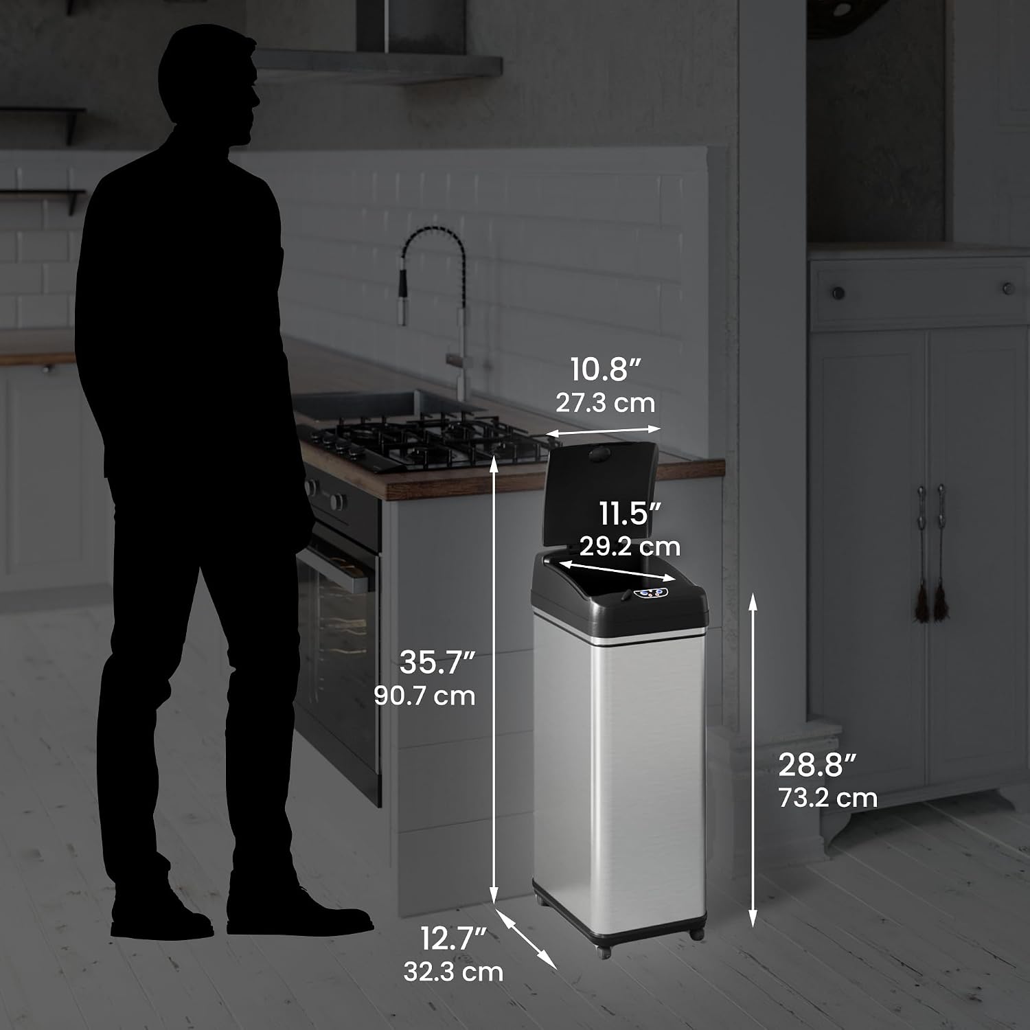 iTouchless Glide 13 Gallon Sensor Garbage Can with Wheels and Odor Control System, Stainless Steel, Automatic Kitchen Bin and Office Trash Bin (Powered by Battery or Optional AC Adapter)