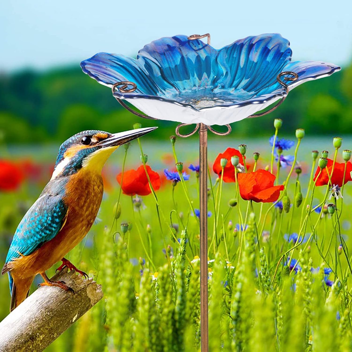 MUMTOP Glass Bird Bath Outdoor Birdfeeder Blue Flower Bowl with Metal Stake