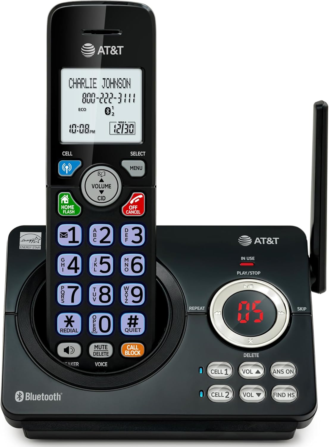 AT&T DL72219 DECT 6.0 2-Handset Cordless Phone for Home with Connect to Cell, Call Blocking, 1.8" Backlit Screen, Big Buttons, intercom