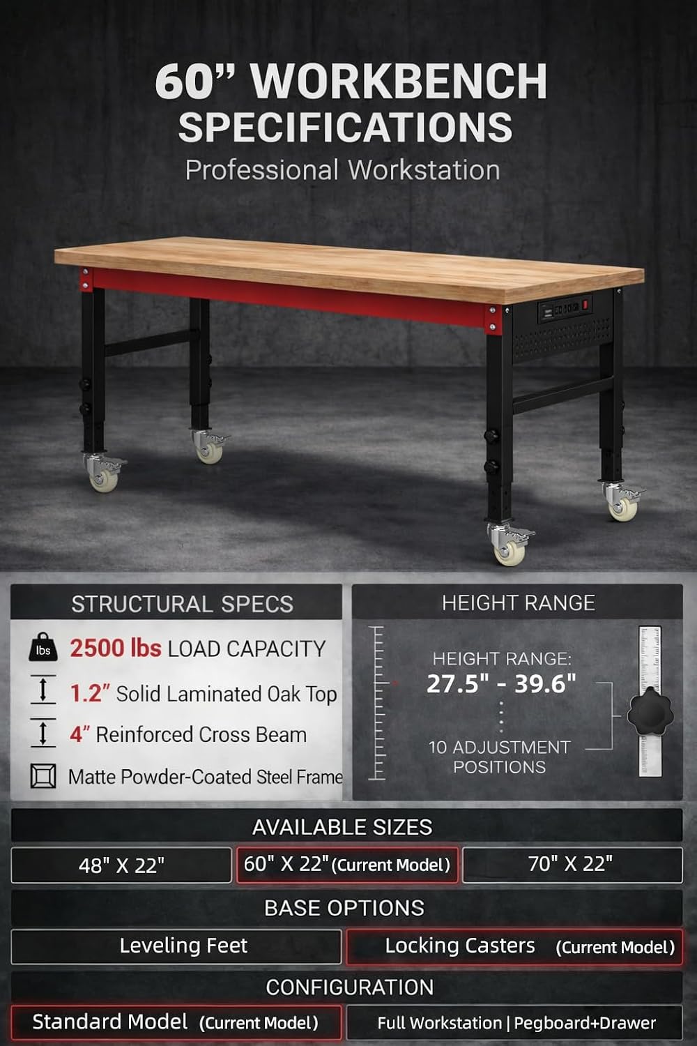 60" Heavy Duty Workbench, 2500 LBS Load Capacity Work Bench with 1.2" Laminated Oak Wood Top & Reinforced Steel Frame, Adjustable Height Work Table for Garage, Workshop, Office, Home (Casters)