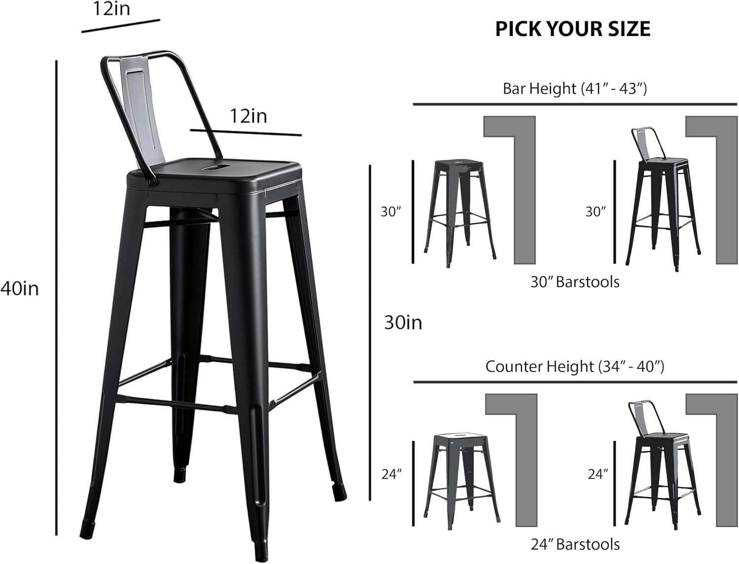 AC Pacific 30” Metal Barstool Set of 2 – Country Rustic Style with Low Back, Lightweight & Sturdy Build, Easy Assembly – Matte Black
