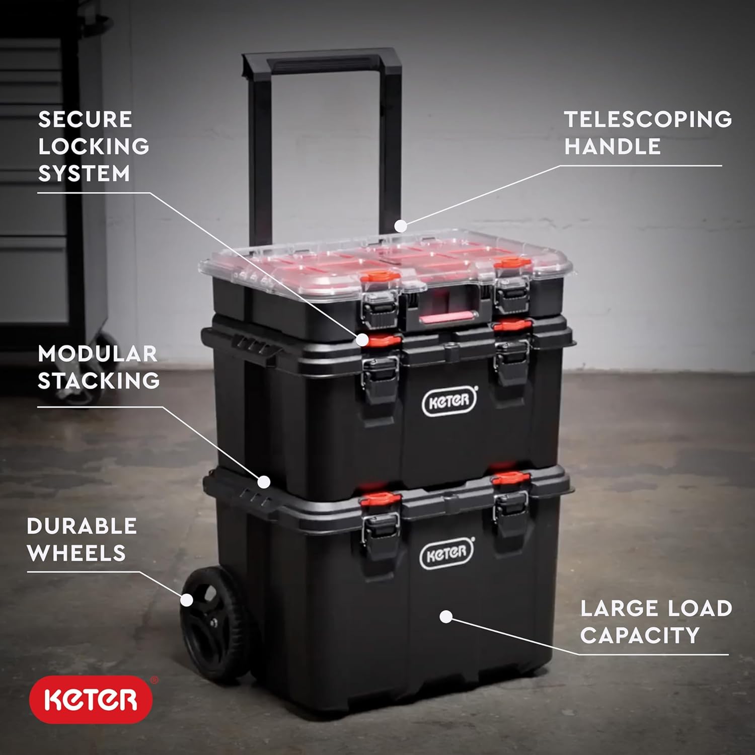 Keter Masterloader Resin Rolling Tool Box with Locking System and Removable Bins – Perfect Organization and Storage Chest for Power Drill, Tape Measure, and Screwdriver Set, Black | Black, Heavy Duty, Weatherproof, All Terrain Wheels, Durable, Easy Slide…