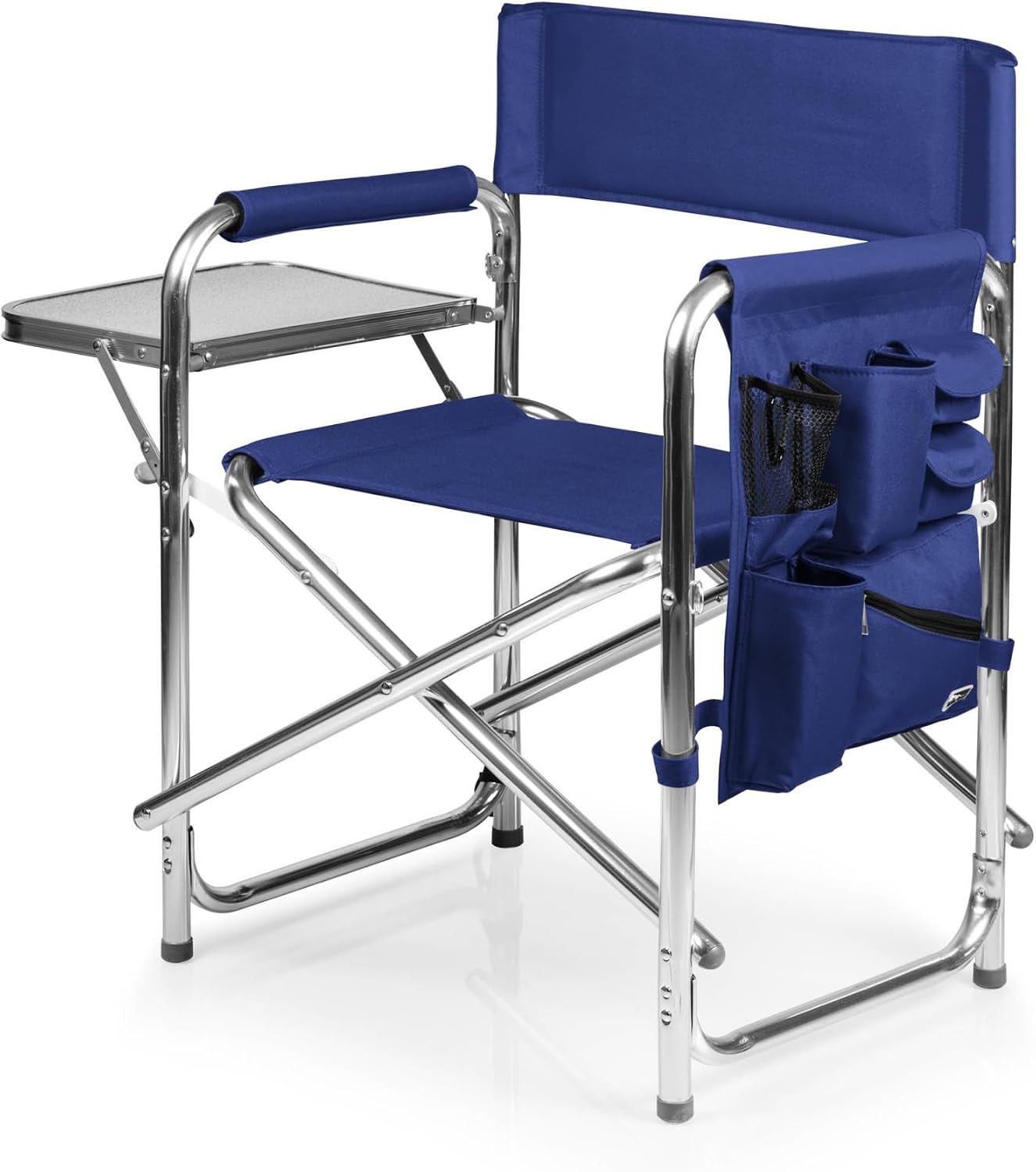 PICNIC TIME Sports Chair with Side Table and Armrest Caddy, Lightweight Aluminum Folding Outdoor Camping Chair for Adults, Portable Director Style Lawn Seating with Pockets & Carry Strap, (Navy Blue)
