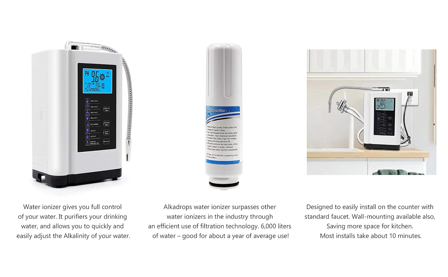 Water Ionizer, Water Purifier Machine PH 3.5-10.5 Alkaline Acid Water Machine, Up to -500mV ORP, 8000 Liters Per Filter, 7 Water Settings