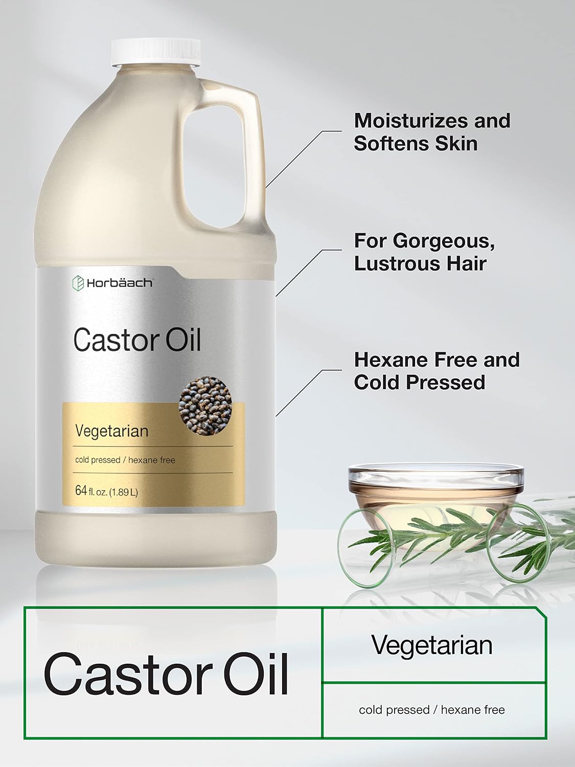 Horbäach Castor Oil 64 oz | For Hair, Eyelashes & Eyebrows | Hexane Free and Cold Pressed | Vegetarian, Non-GMO