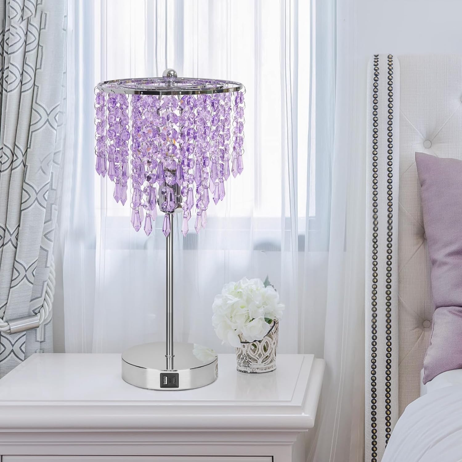 Touch Control Crystal Table Lamp with USB C+A Charging Ports, 3-Way Dimmable Bedside Touch Lamp Decorative Nightstand Lamp with Elegant Lampshade for Living Room Bedroom, B11 LED Bulb Included