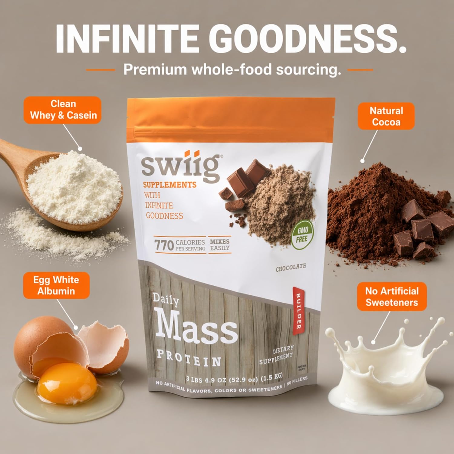 swiig Mass Builder Protein Powder, Chocolate, No GMO Ingredients, No Artificial Flavors, Colors or Sweeteners, No Fillers, 3.3 Pound Bag