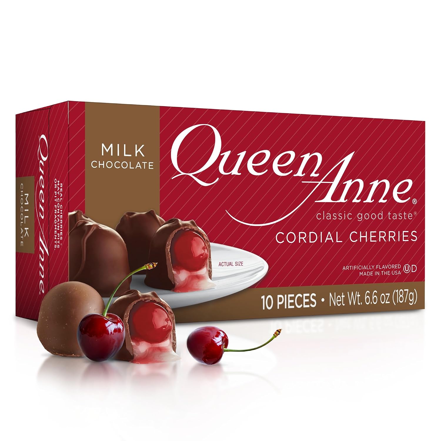 Queen Anne French Vanilla Chocolate Covered Cordial Cherries | 6.6 oz | 10 Piece Gift Boxes | Whole Maraschino Cherry Creamy Filled Liquid Center | Holiday Party Chocolate Candy