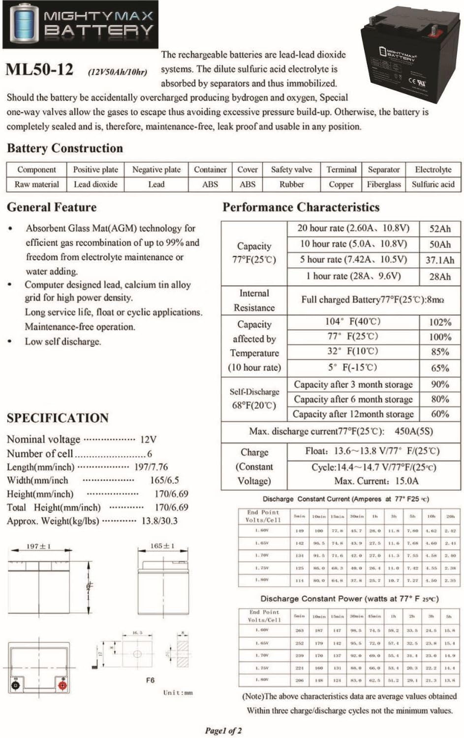 ML55-12 - 12 Volt 55 AH, Nut and Bolt (NB) Terminal, Rechargeable SLA AGM Battery