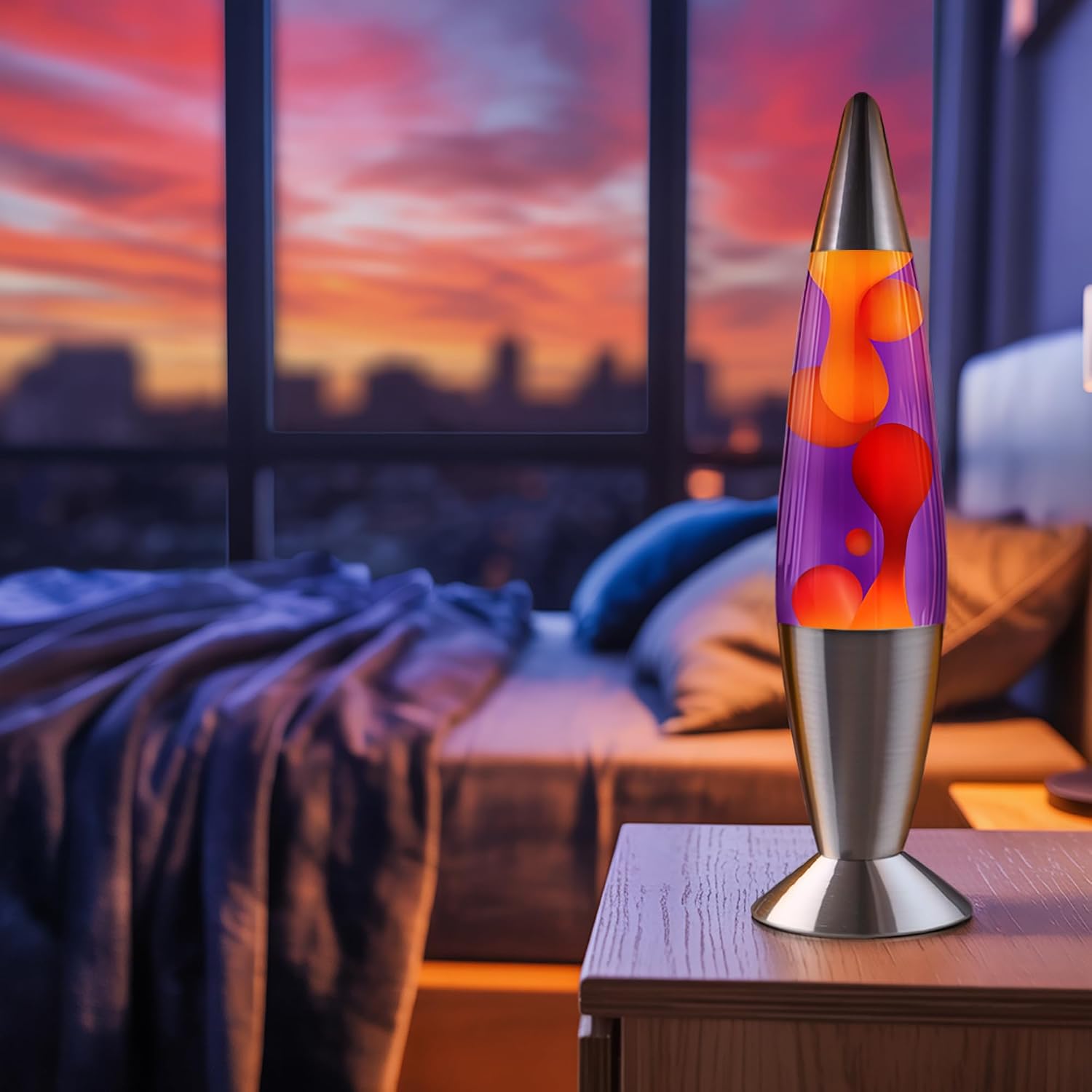 JAMBO 16" Beautiful Lamp- Purple with Yellow/Orange Wax, Relaxing Liquid Light, Night Light Nightlight