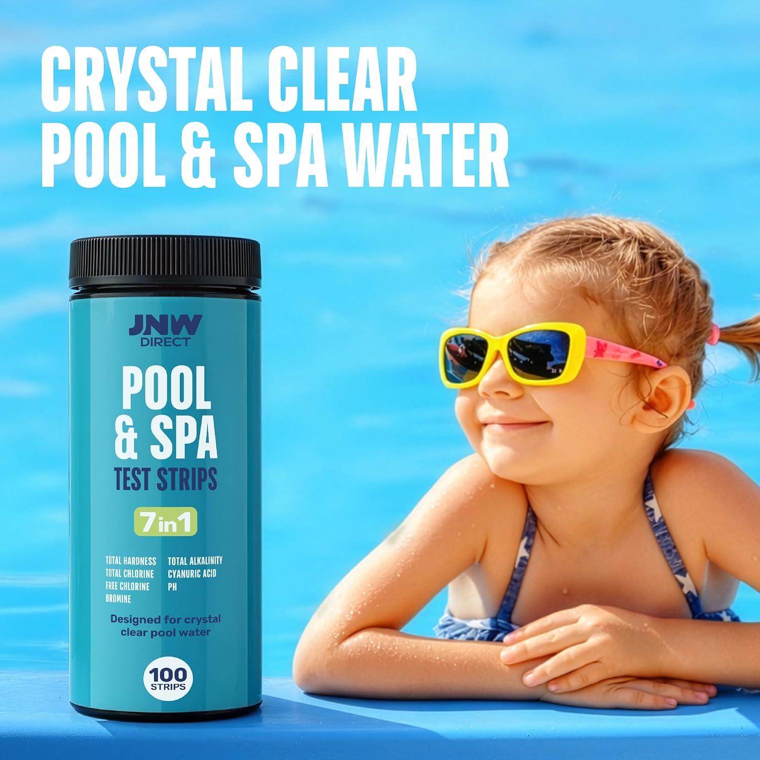 Pool Test Strips for Pools and Spas - 7 in 1 Water Test 100 Pack | Includes 100 pool test strips that measure chlorine, bromine, pH, alkalinity, hardness and cyanuric acid in 30 seconds.