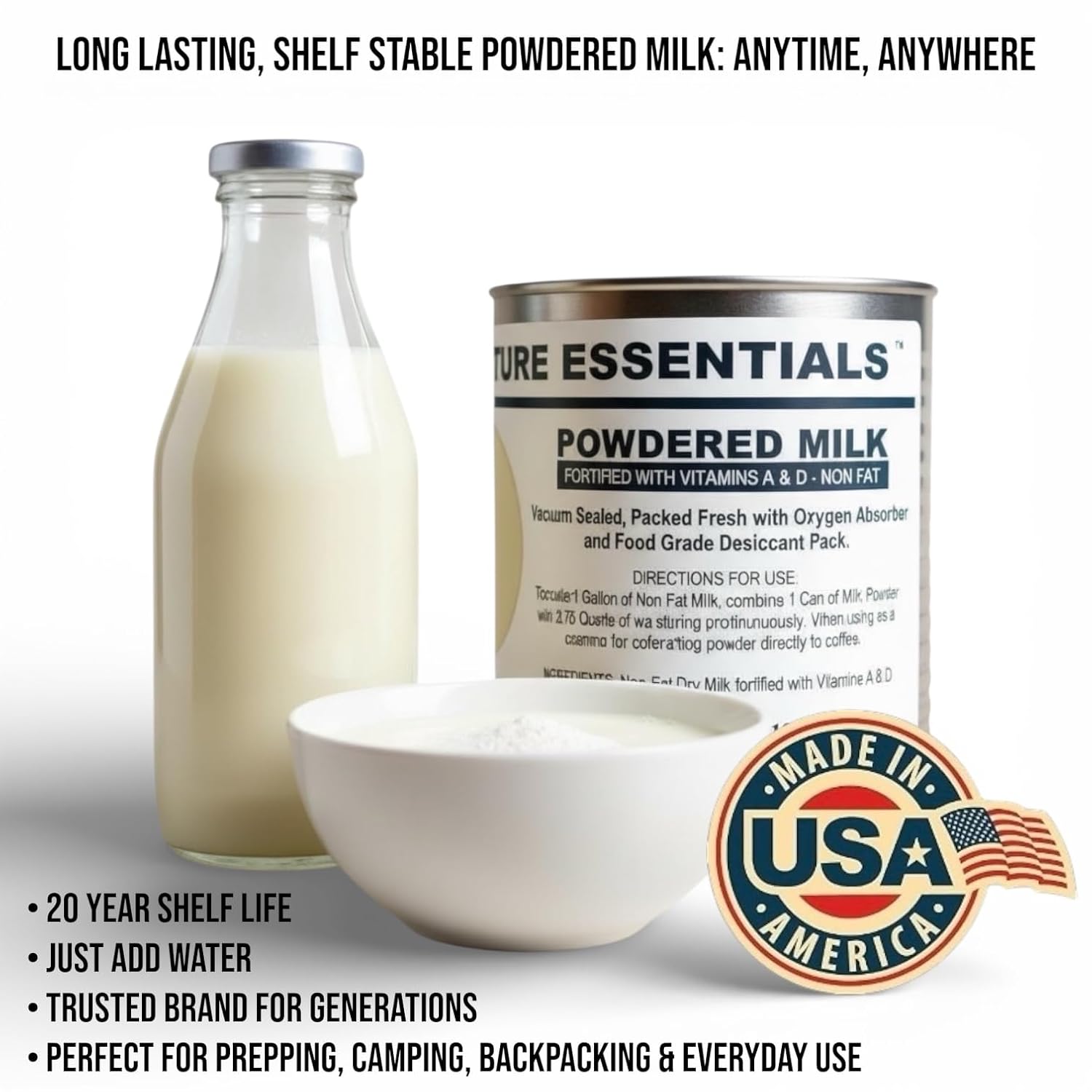 Future Essentials Canned Instant Nonfat Dry Milk Powder – 20-Year Shelf Life Non Fat Dry Powdered Milk with Vitamins A & D – Ideal for Emergency
