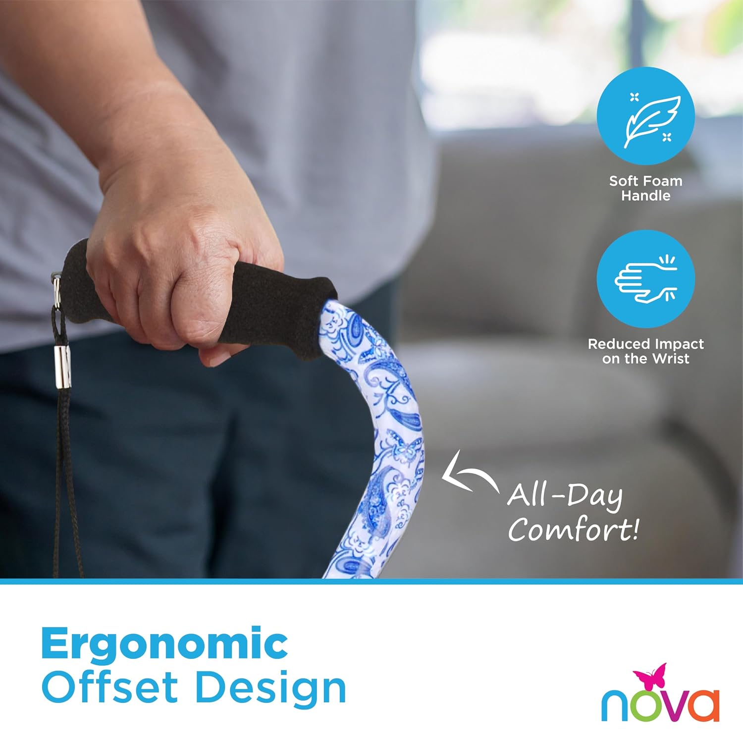 Nova Joy Designer Offset Quad Cane for Seniors - Unisex Adjustable Lightweight Walking Aid with Foam Handle, Wrist Strap and Anti-Rattle Lock - Essential Mobility Support - Maui Flowers