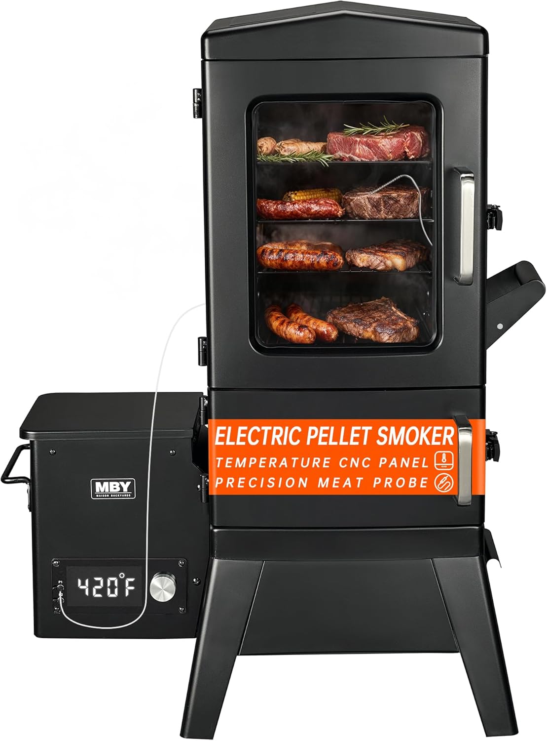 Vertical Pellet Smoker with Cover & Meat Probe, 4-Rack Electric BBQ Smoker Grill, 616 sq in Cooking Space
