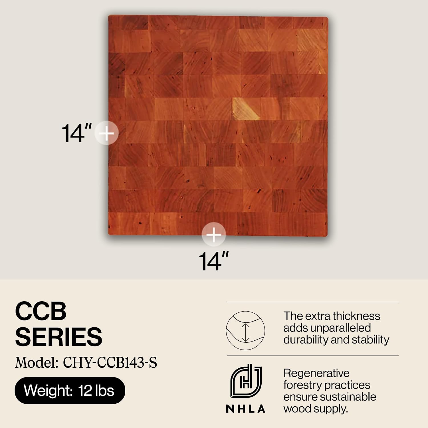 John Boos CCB Series Square Wooden Maple Cutting Board 12”x12” – 3” Thick, 13-lb Reversible Butcher Block with End-Grain & Finger Grips – Made in the USA