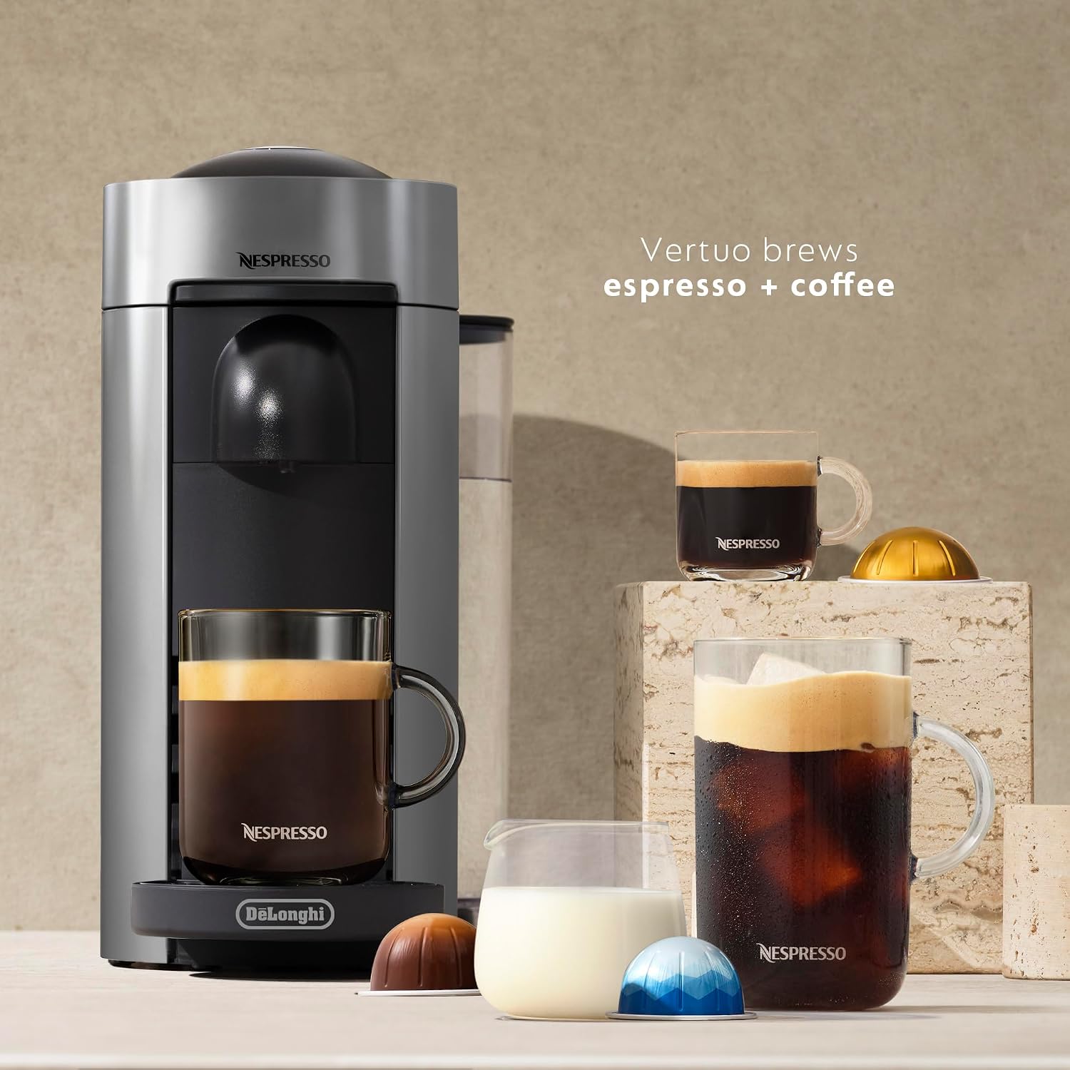 Nespresso Vertuo Plus Coffee & Espresso Maker by De'Longhi, Grey | Grey coffee machine that brews 4 cup sizes: 5 and 8 oz. coffee, plus single and double espresso, at the touch of a button.