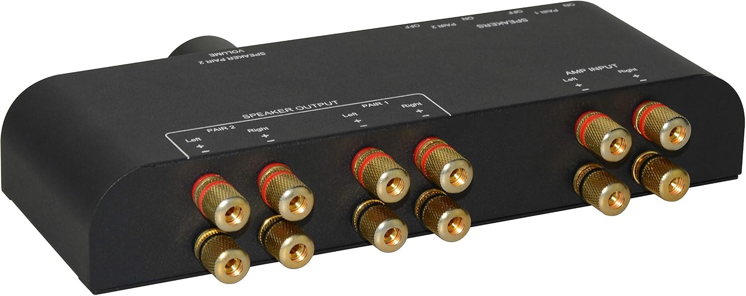 2 Way Speaker Switch, 1 in 2 Out Way Pair Stereo Speaker Selector W/Volume Control Metal Non-Slip Box - Black (61052), 9.0 x 3.25 x 1.5