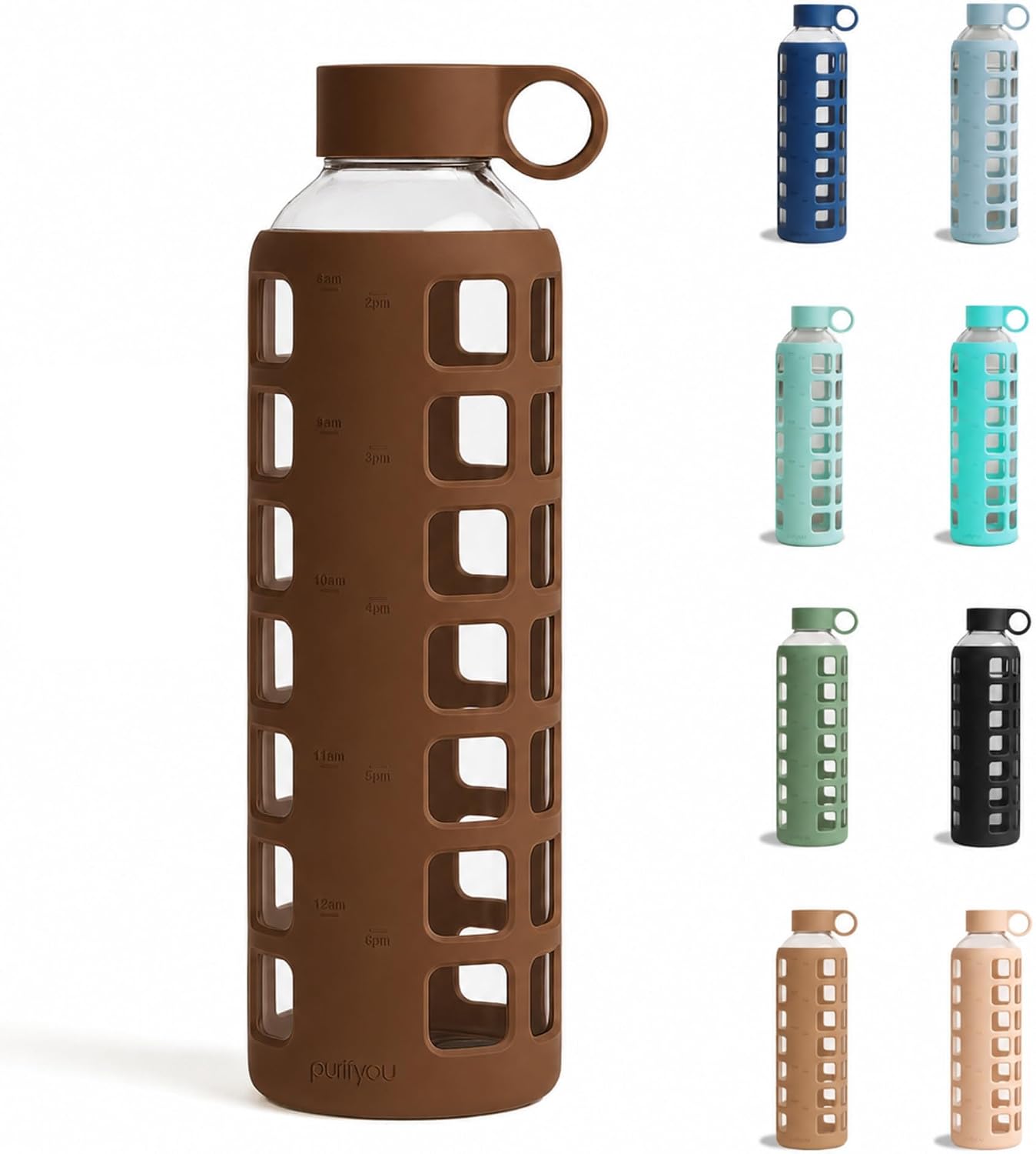 purifyou 40oz / 32oz / 22oz / 12oz Borosilicate Glass Water Bottle with Time & Volume Markers, Silicone Sleeve