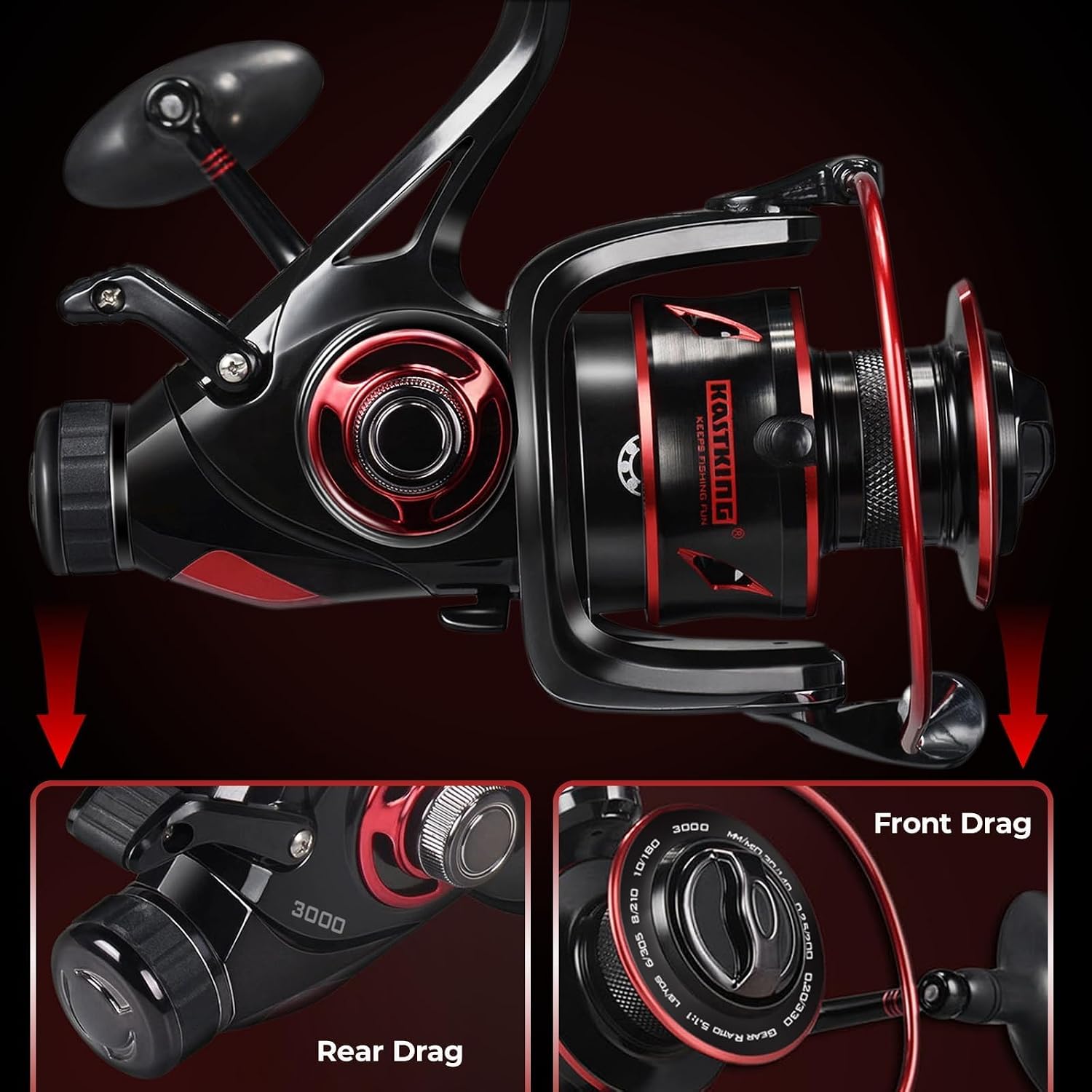 KastKing Sharky Baitfeeder III Spinning Reels with 5.5:1 Gear Ratio | Max Drag: 26.5 lb, 10+1 BB, 16.6 oz, CNC Aluminum Spool, Carbon Fiber Drag for Live Liner, Comes with Graphite Spool