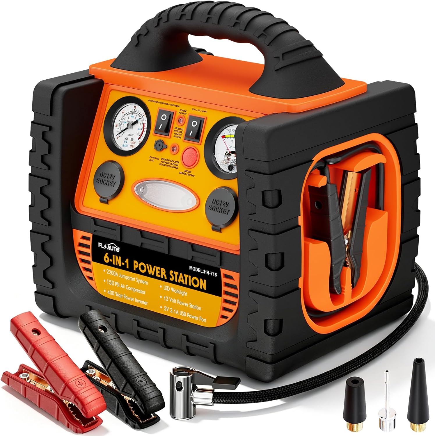 Portable Jump Starter with Air Compressor, FlyAuto 2200A Battery Booster for Cars, Trucks & SUVs, Up to 8.5L Gas & 8.0L Diesel, 150PSI Tire Inflator