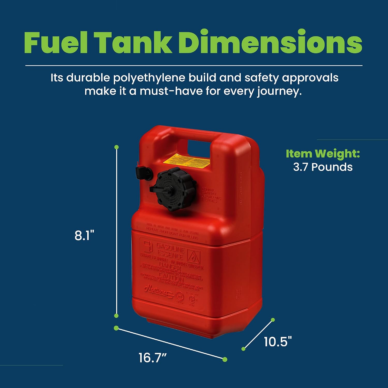 Scepter 6 Gallon Portable Marine Gas Can, Boat Fuel Tank with Top Handle | Underseat Design, 2-Way Vented Cap, Built-In Fuel Gauge and Pick-Up, EPA & CARB Compliant, 19.3"L x 12.2"W x 10.2"H (10511)