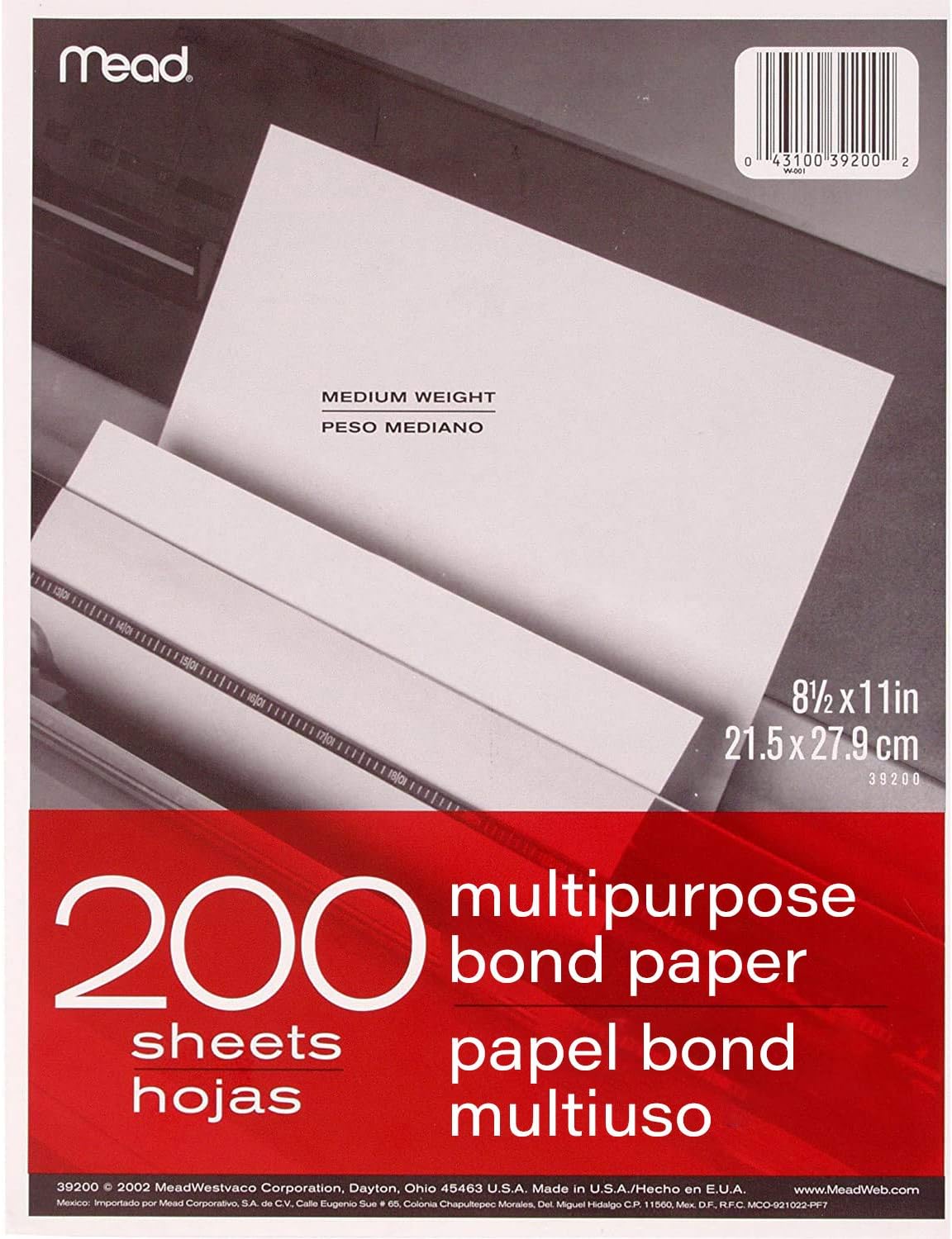 Mead Multipurpose Paper, 8-1/2" x 11", Letter Size, Bond, White, 200 Sheets/Pack (39200)