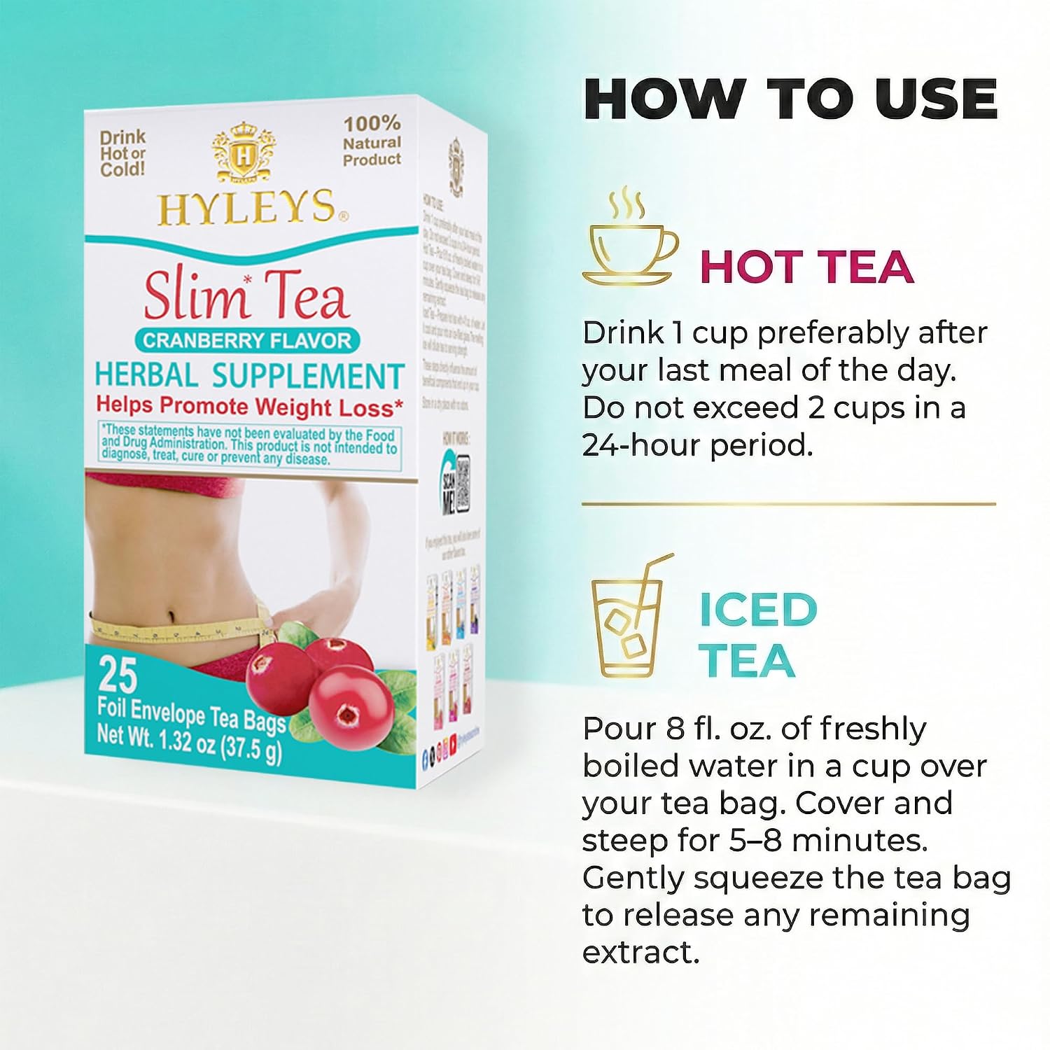 HYLEYS Slim Tea Goji Berry, Weight Loss Detox, Slimming Diet Tea, 25 Bags | Green Tea, Senna Detox & Cleanse, 3 Natural Ingredients, No Added Sugar, 1-Step Bedtime Routine, Supports Digestion