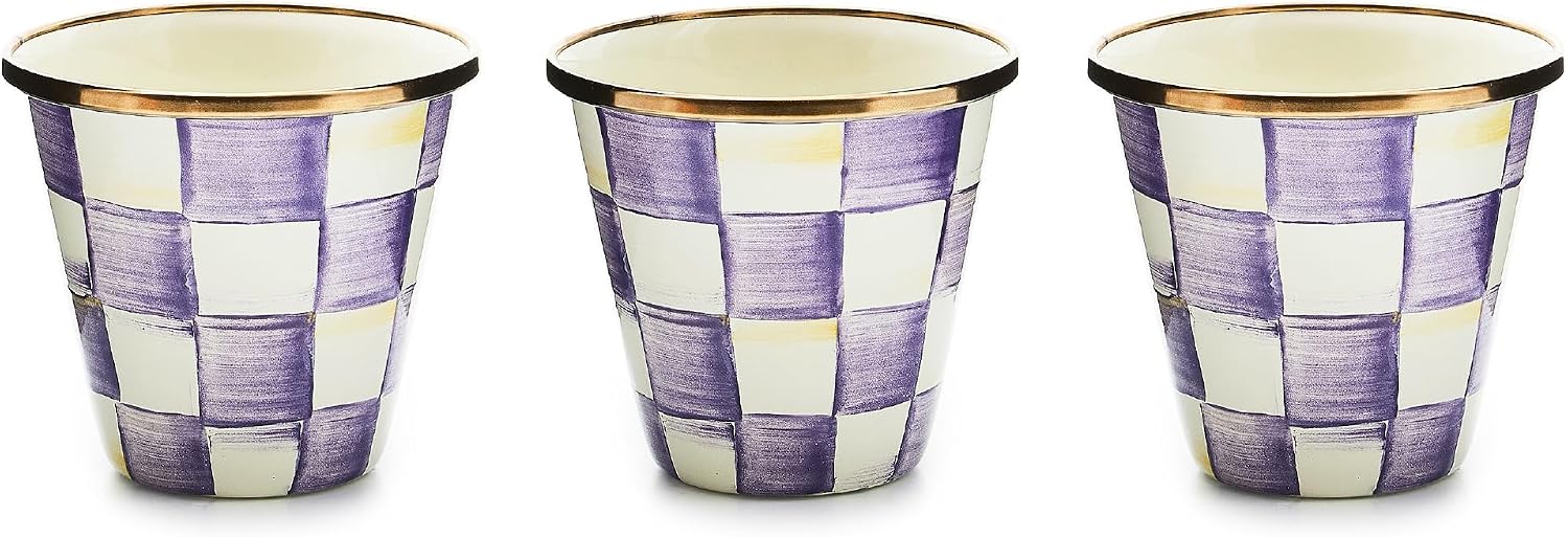 MACKENZIE-CHILDS Enamel Herb Pot Set, Small, Black-and-White Courtly Check | Hand-painted design, small plant pots for herbs or flowers, 8-ounce capacity per pot, set of 3