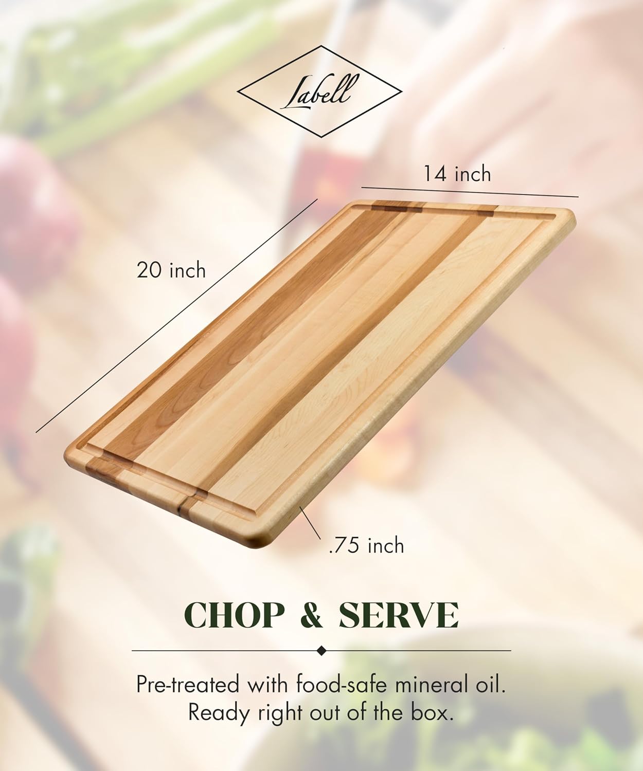 Labell Large Canadian Maple Cutting Board, Juice Groove, 14 x 20 x 0.75 in | Edge Grain Wood Board, Chopping, Serving, Food Prep, Natural, Durable