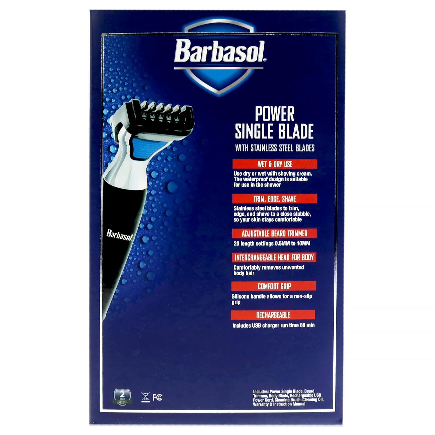 Barbasol Rechargeable Electric Wet and Dry Single Blade Shaver with Stainless Steel Blades and Adjustable Beard Trimmer Attachment