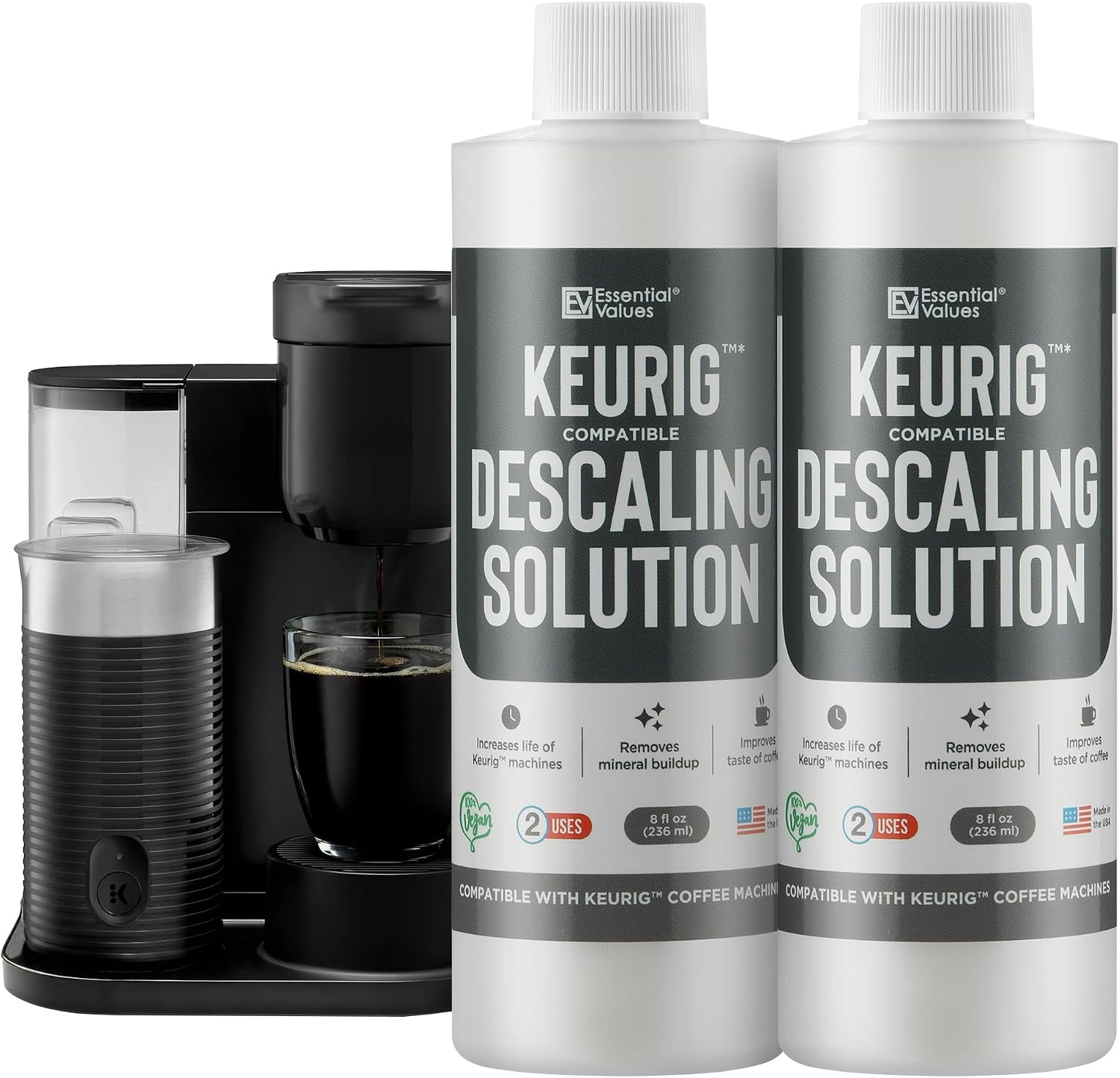 Essential Values Universal Descaling Solution, Made in the USA for Delonghi, Keurig, Breville,Nespresso (2 Uses) Coffee Machine Descaler Cleaner for all Automatic Coffee Makers & Espresso Machines