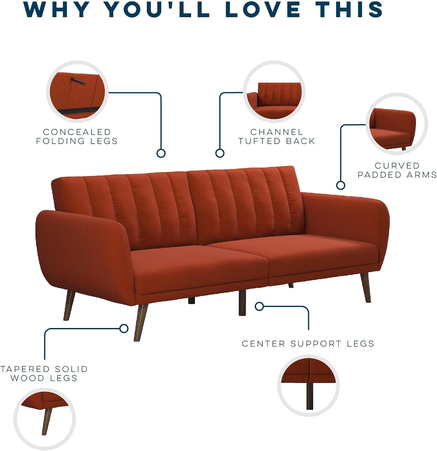 Novogratz Brittany Futon Sofa Bed and Couch Sleeper, Camel Faux Leather