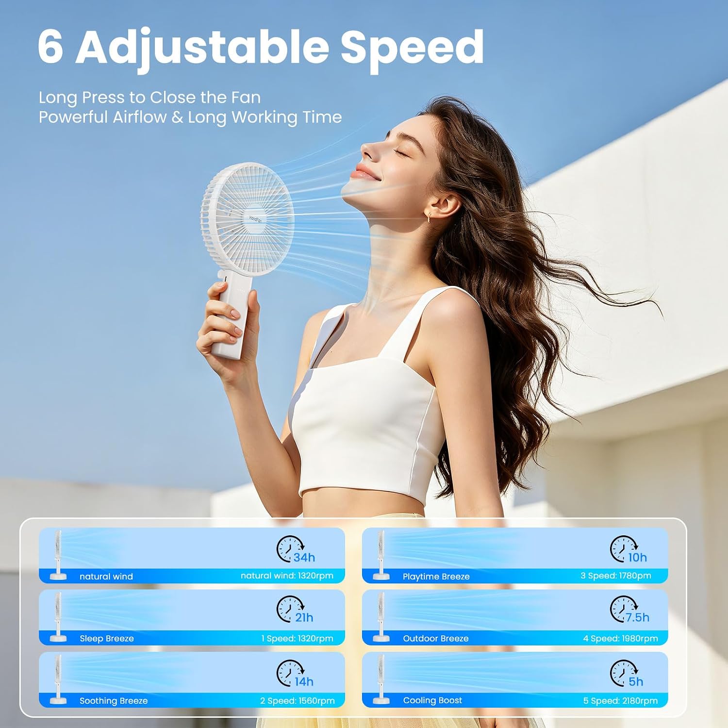 HandFan Quiet 6 Inch Handheld Fan [34H Max Cooling Time], 6 Speed Rechargeable Personal fan and Desktop with Base