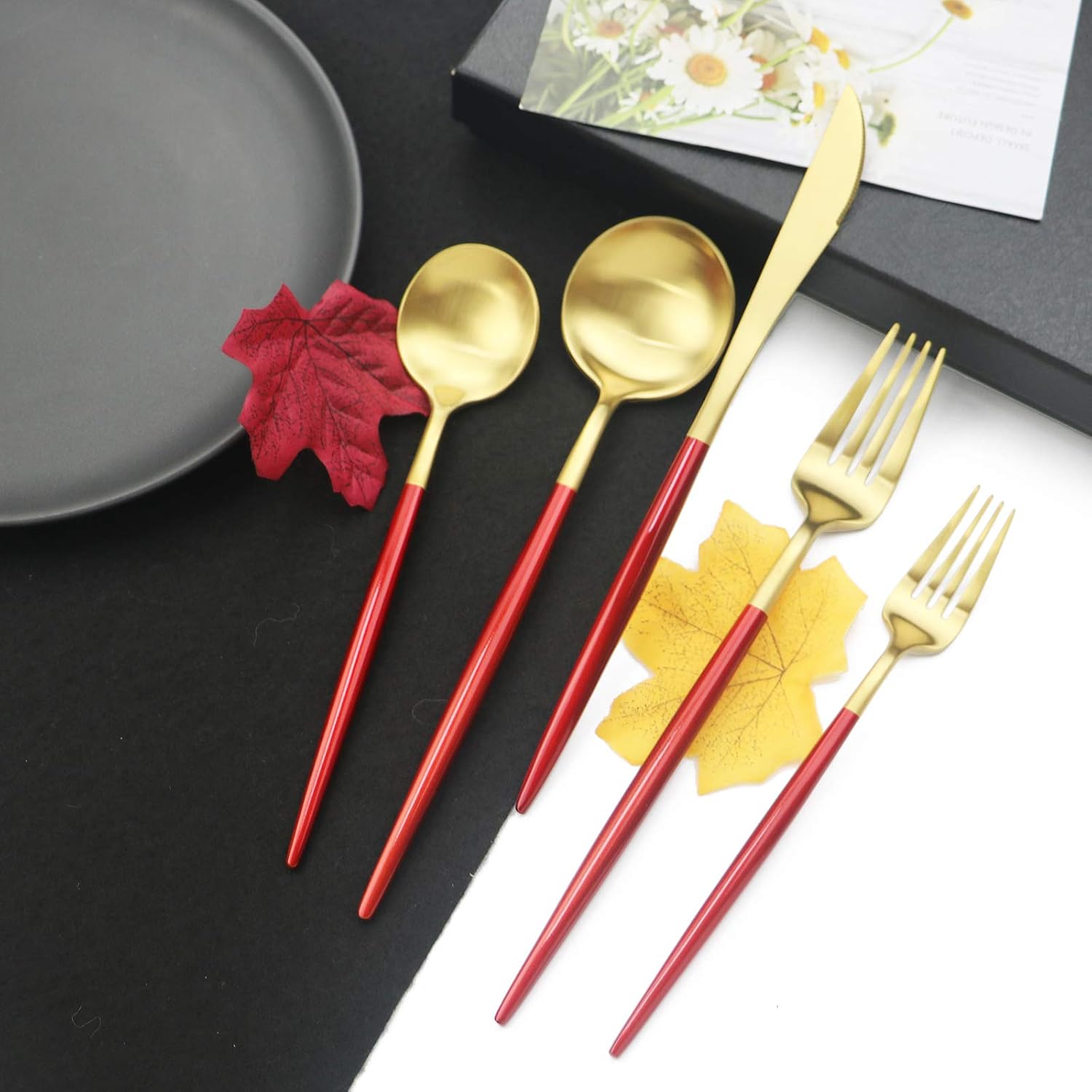 JASHII Luxury 18/10 Rainbow Flatware Set - 304 Stainless Steel Colorful Cutlery - 5-Piece Adaline Royal Modern Satin Finish for Birthday