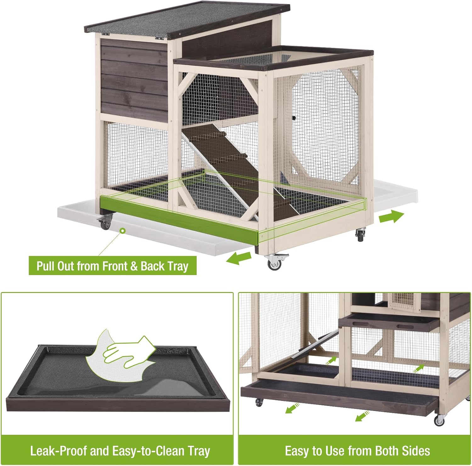 Indoor Rabbit Bunny Hutch Outdoor, Guinea Pig Cages with Removable Bottom Wire Netting - Easy Clean
