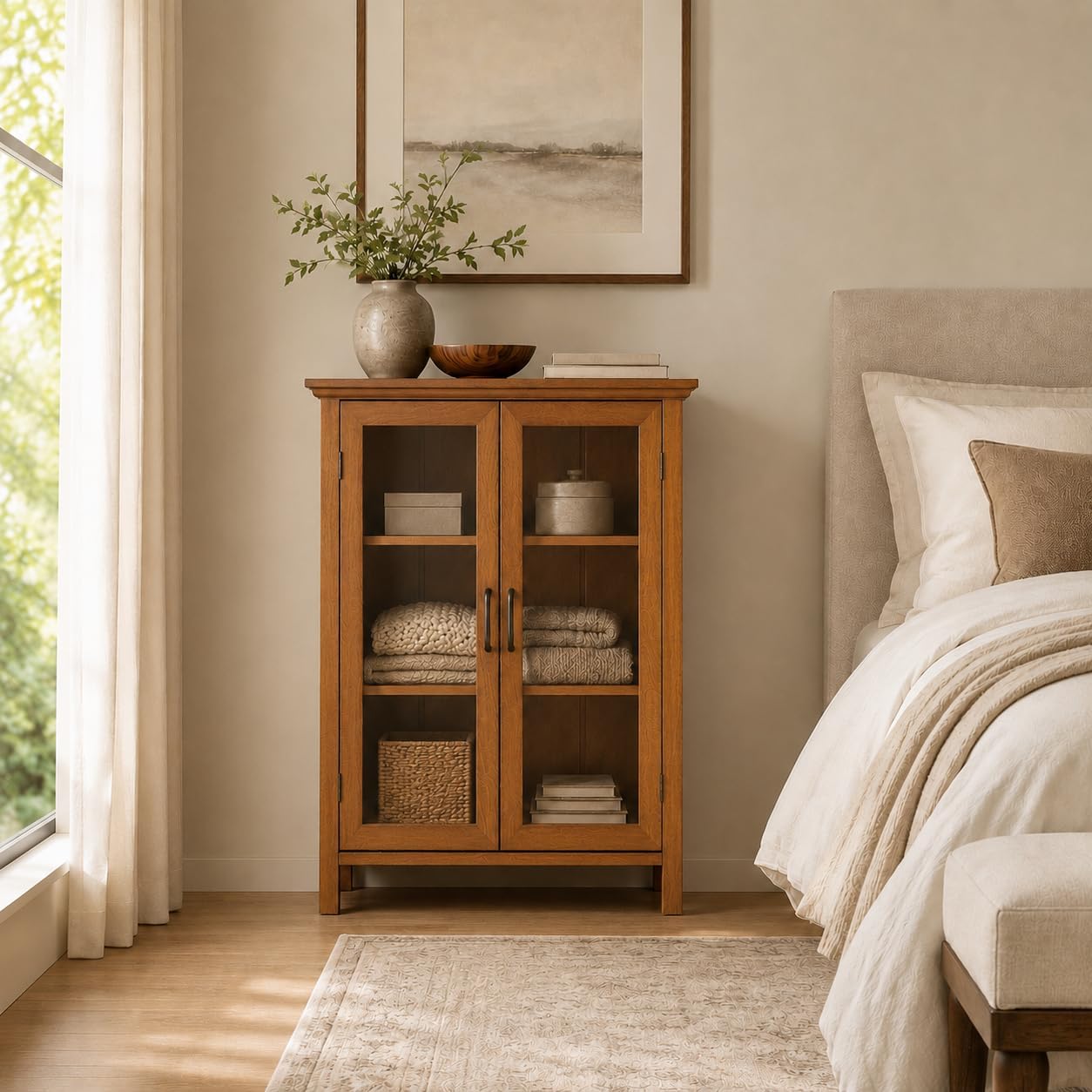 Teamson Home Avery Wooden Freestanding Floor Cabinet with 2 Adjustable Shelves 3 Storage Spaces 2 Glass Paneled Doors and 2 Antique Brass Knobs