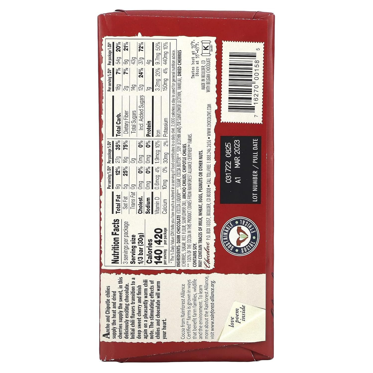 Chillies and Cherries in Dark Chocolate Bar 3.20 Ounces (Case of 12)