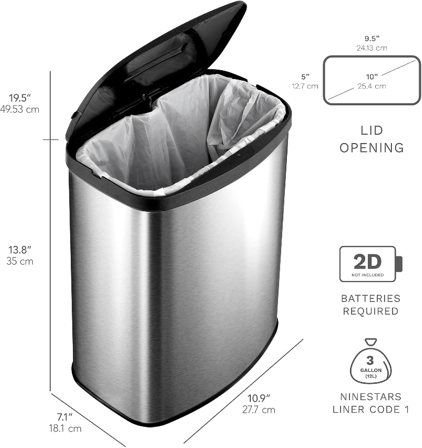 NINESTARS CB-DZT-50-98-1C Automatic Touchless Motion Sensor Oval & Rectangular Trash Can Combo Set, 13.2 Gal. 50 L. & 2.1 Gal.8 L., Stainless Steel