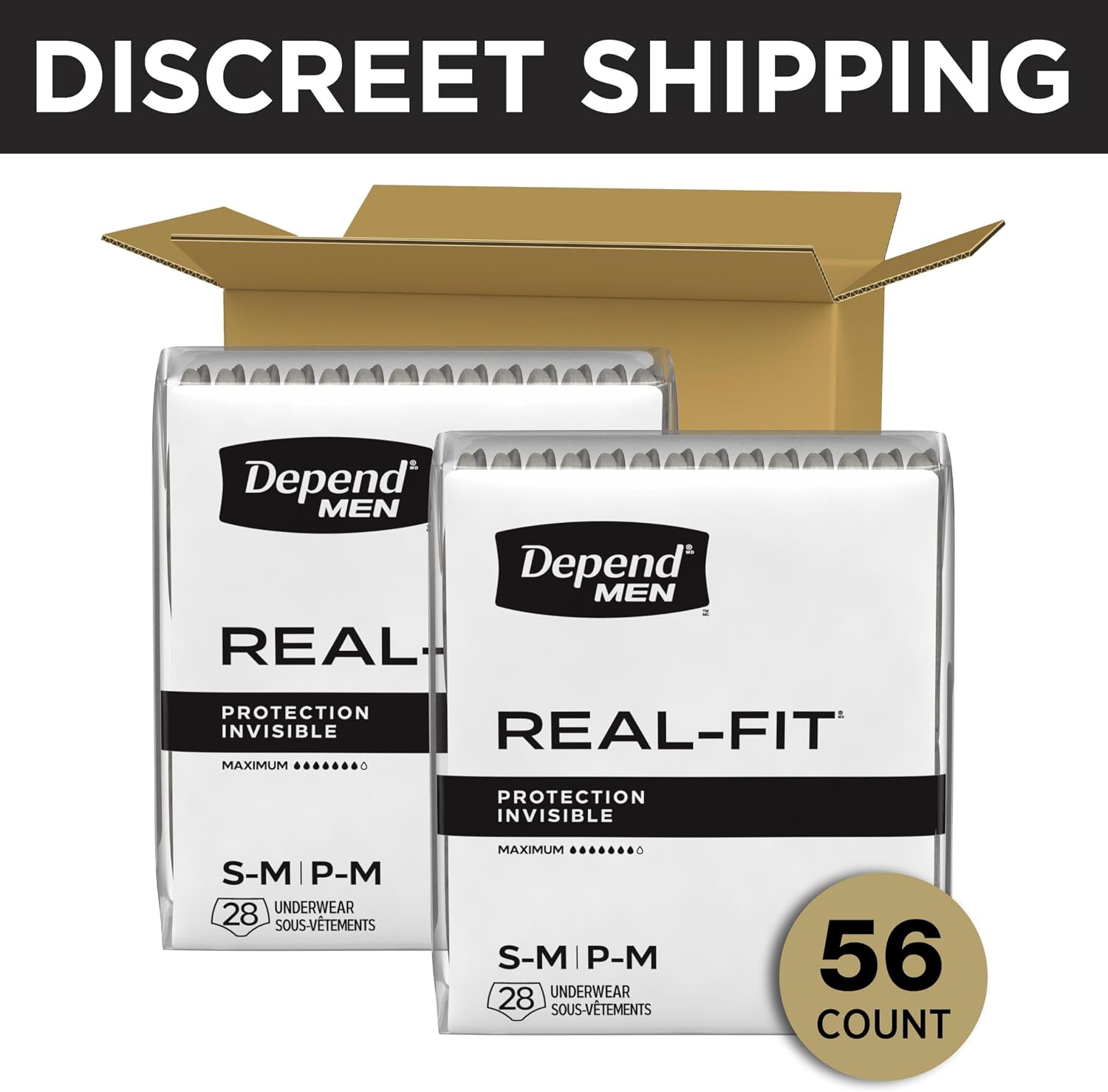 Depend Real Fit Adult Diapers, Incontinence Underwear for Men, Disposable, Maximum Absorbency, Small/Medium, Grey, 56 Count (2 Packs of 28), Packaging May Vary