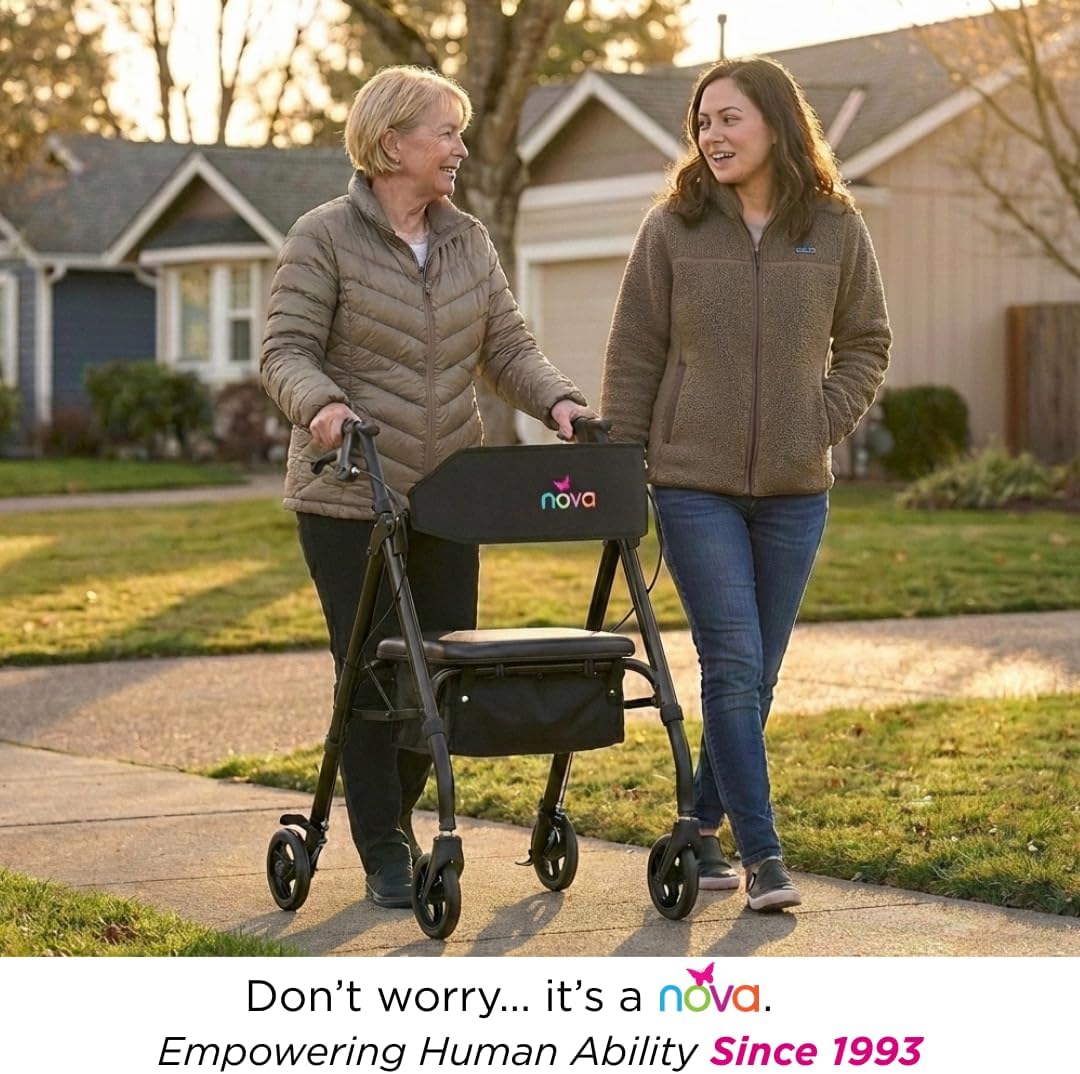 NOVA Star 6 Foldable Rollator Walker for Seniors, Wide Padded Backrest with Seat, 6” All-Terrain Wheels, Easy-Grip Locking Hand Brakes, Height Adjustable, Blue