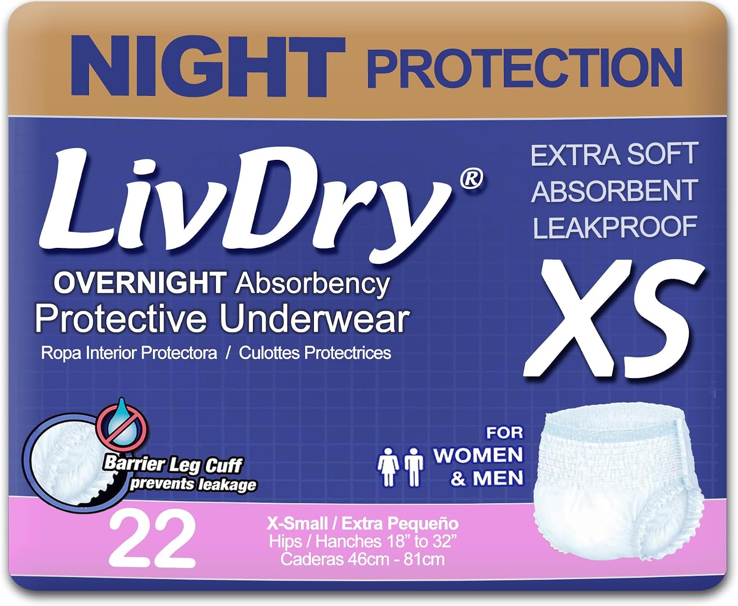 LivDry Adult XL Incontinence Underwear, Overnight Comfort Absorbency, Leak Protection, X-Large, 48-Pack