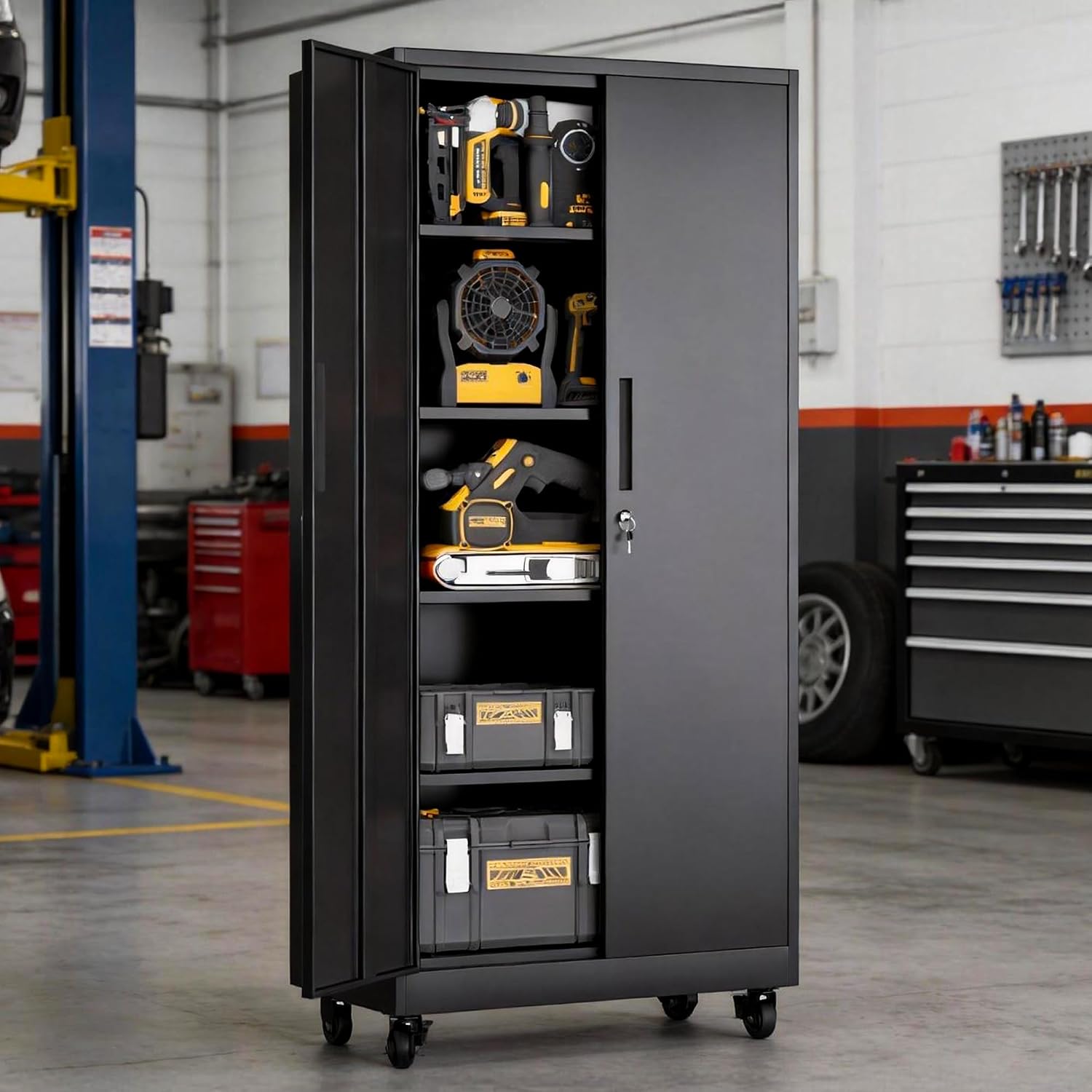 Metal Storage Cabinet for Garage, Tool Cabinet, Utility Cabinet | Wheeled, Rolling Tool Cabinet, 6 Drawers, Top Countertop, Pegboard, Assembly Required, Black