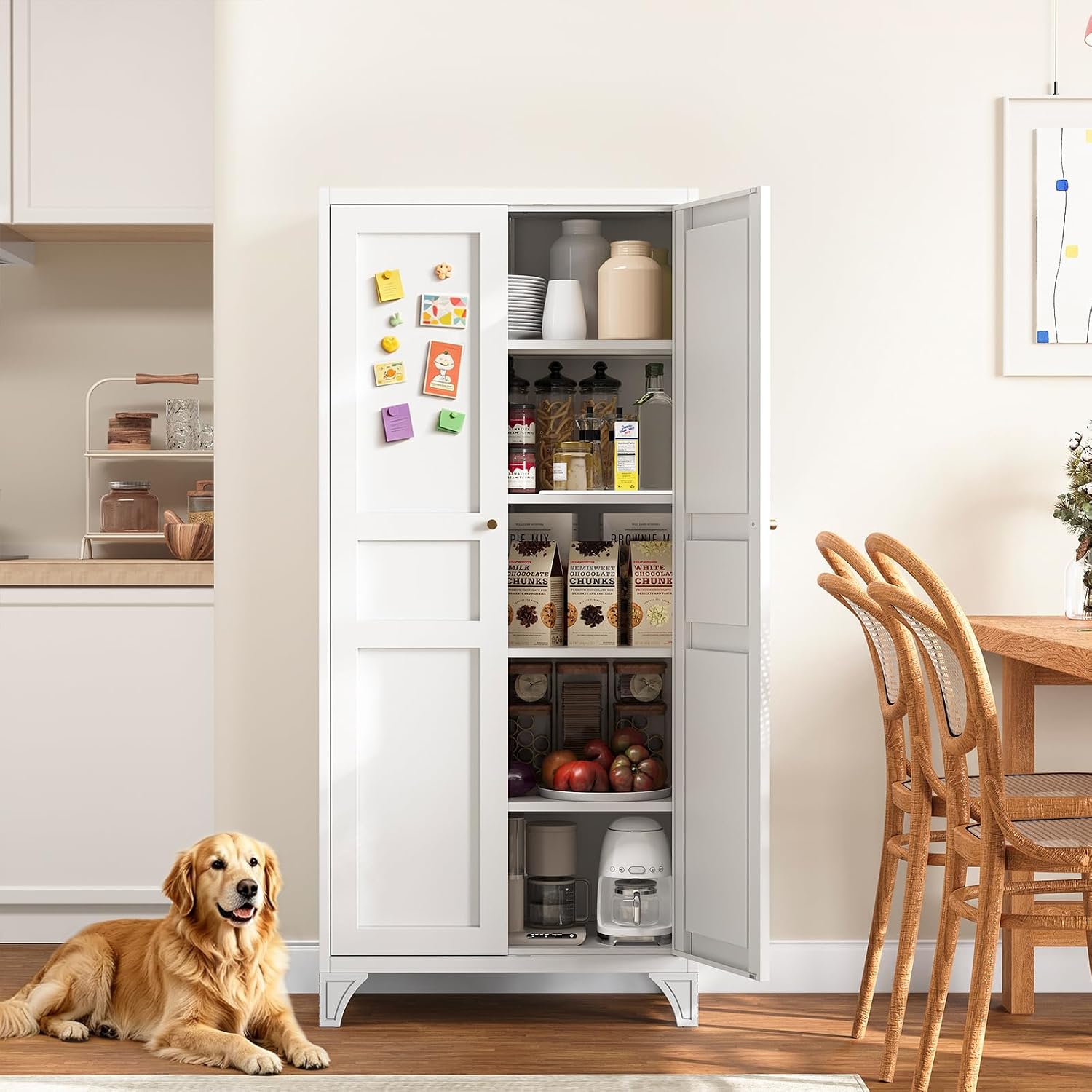 Metal Storage Cabinet with 2 Doors and 4 Adjustable Shelves - 61" White Kitchen Pantry Storage 5-Tier Tall Steel Cabinets Locker for Kitchen, Living Room, Dining Room