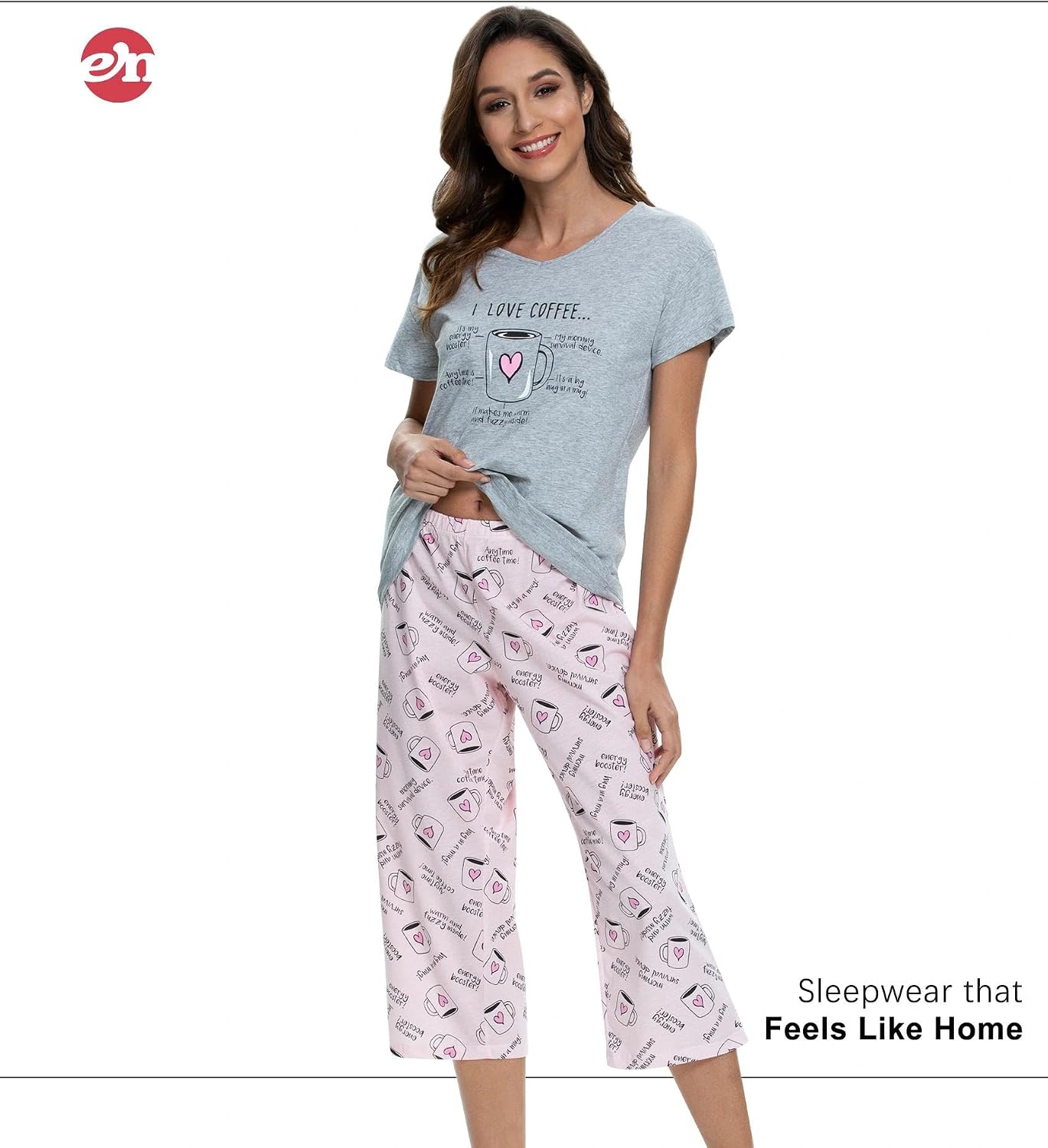 ENJOYNIGHT Womens Pajama Set Cotton Short Sleeve Top With Capri Pants Pj